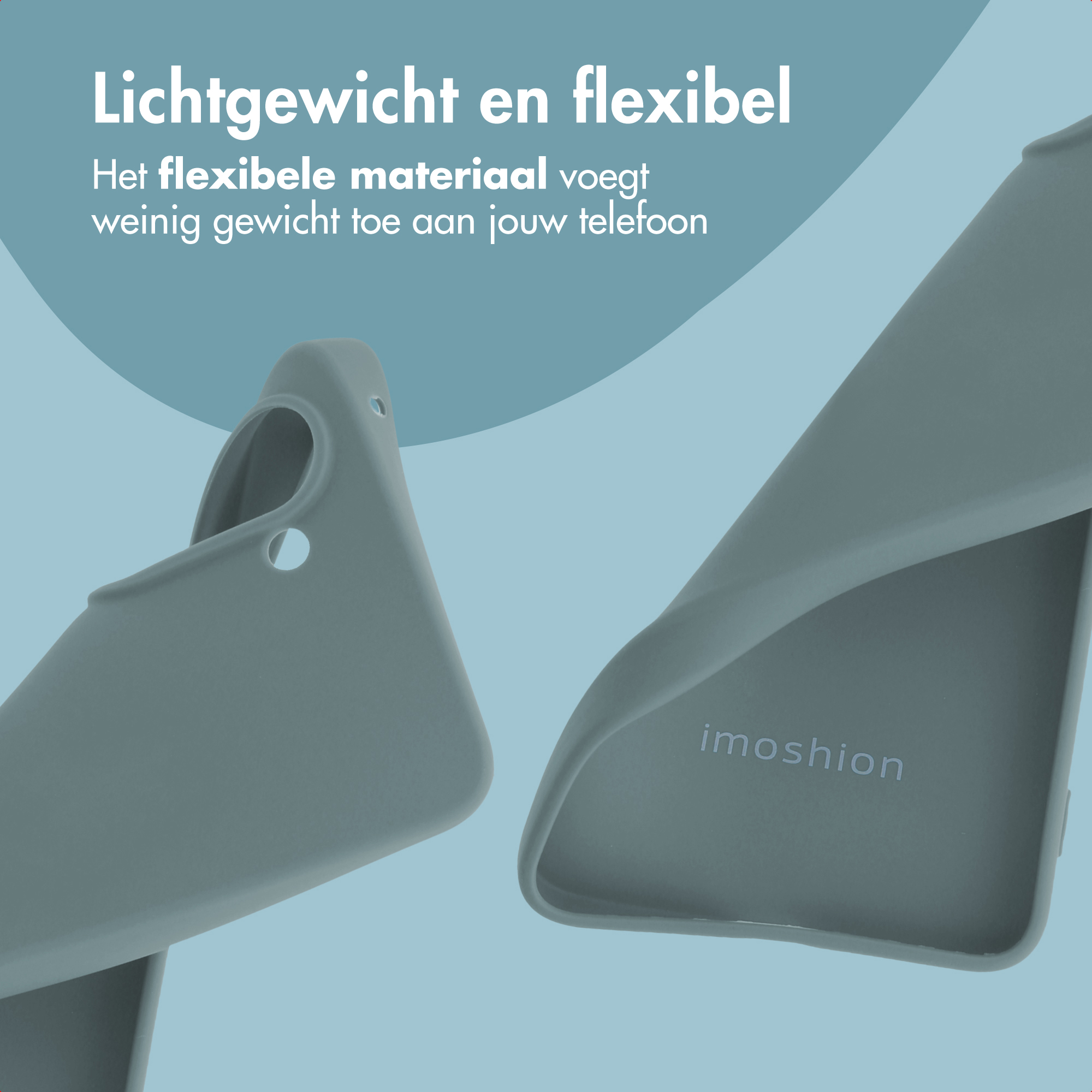 Twee grijze telefoonhoesjes op een blauwe achtergrond. Tekst: 'Lichtgewicht en flexibel'. Imoshion-logo zichtbaar.