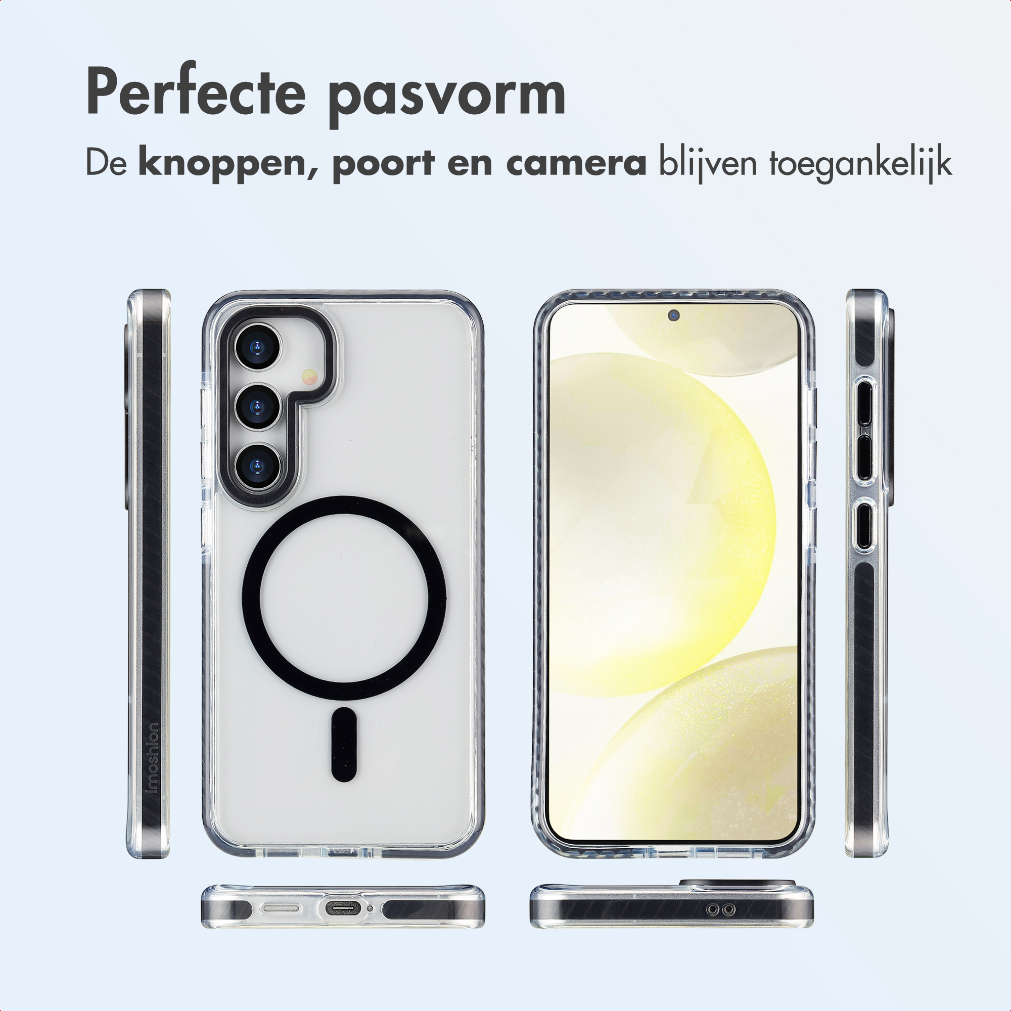 Custodia trasparente per telefono che mostra una vestibilità perfetta. Viste laterali e inferiori, pulsanti e fotocamera accessibili. Testo olandese.