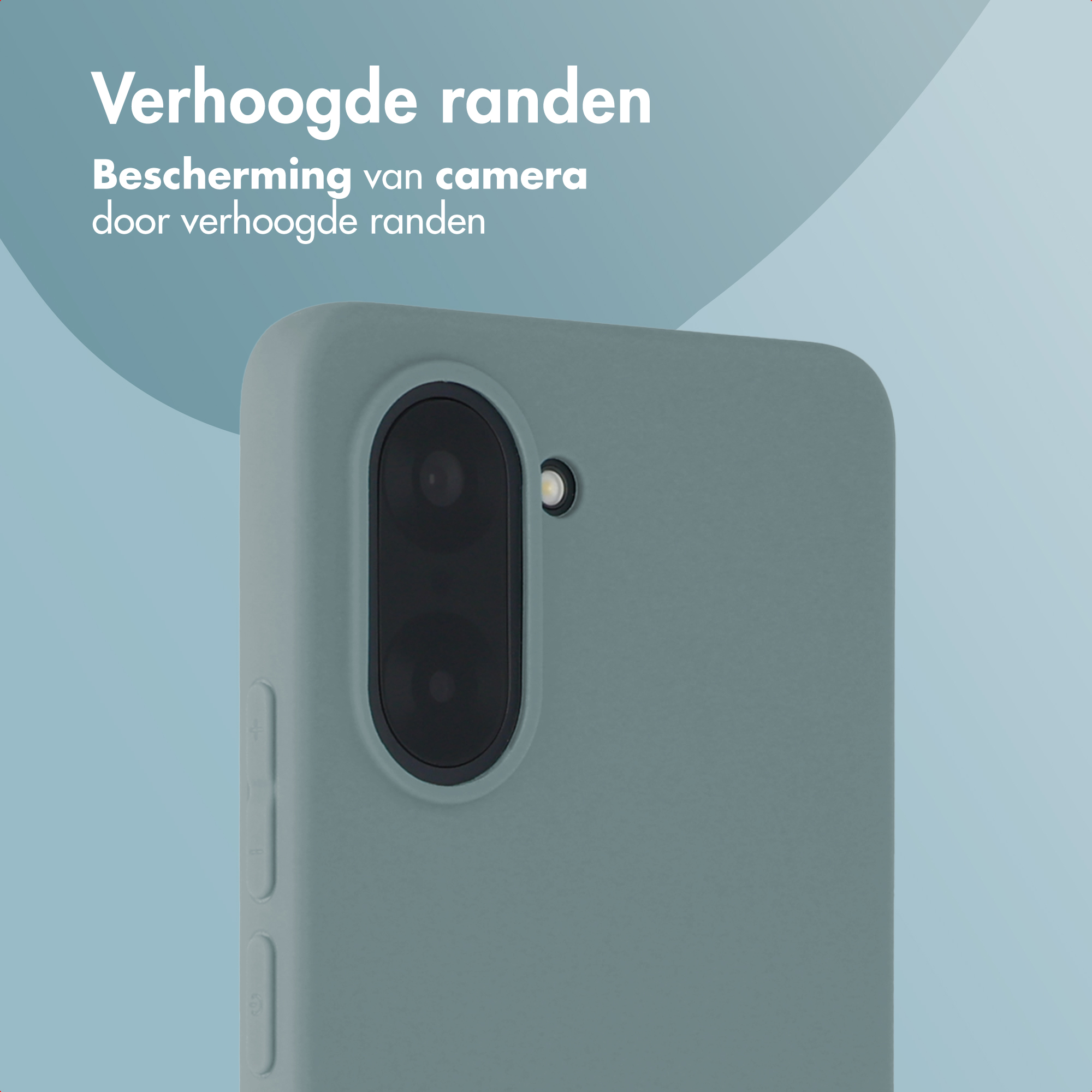 Een telefoonhoesje met een camera-uitsparing. De tekst bovenaan zegt 'Verhoogde randen'. De achtergrond is lichtblauw.