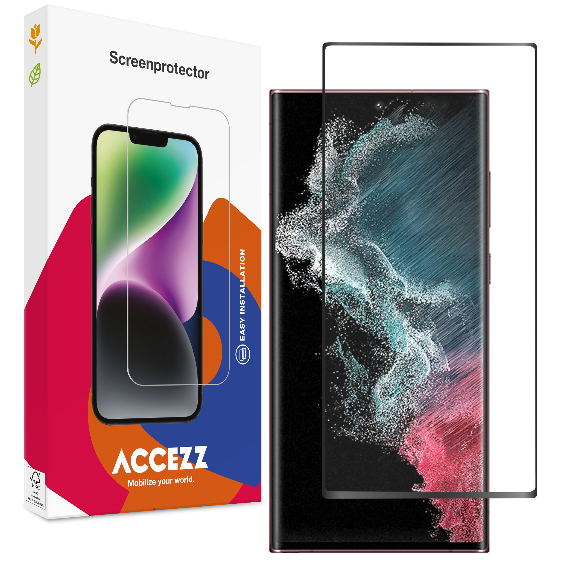 Een telefoon en een schermbeschermer worden getoond. De beschermdoos staat links, en een telefoon met beschermer rechts.