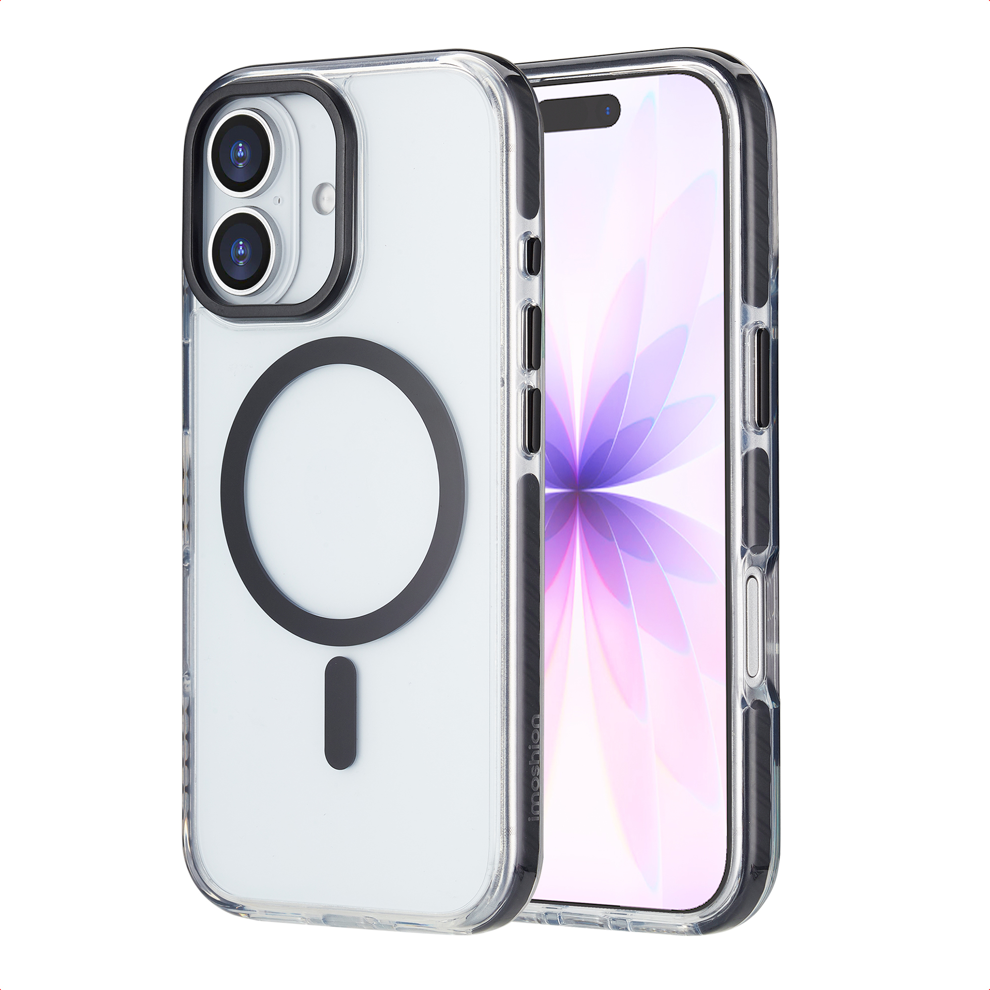Una custodia trasparente con un anello nero e un telefono all'interno. Lo schermo mostra un design colorato.