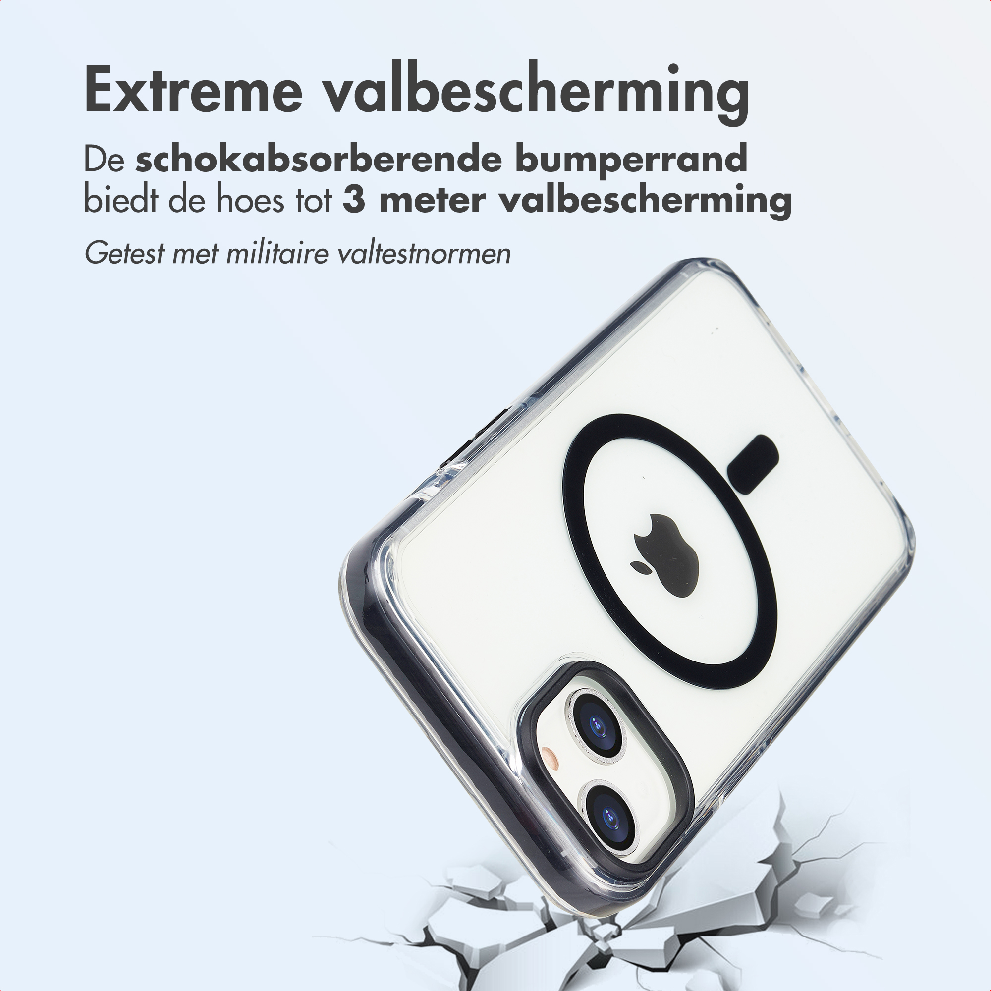 Een doorzichtige telefoonhoes met zwart Apple-logo is schuin. Tekst zegt: 'Extreme valbescherming'.