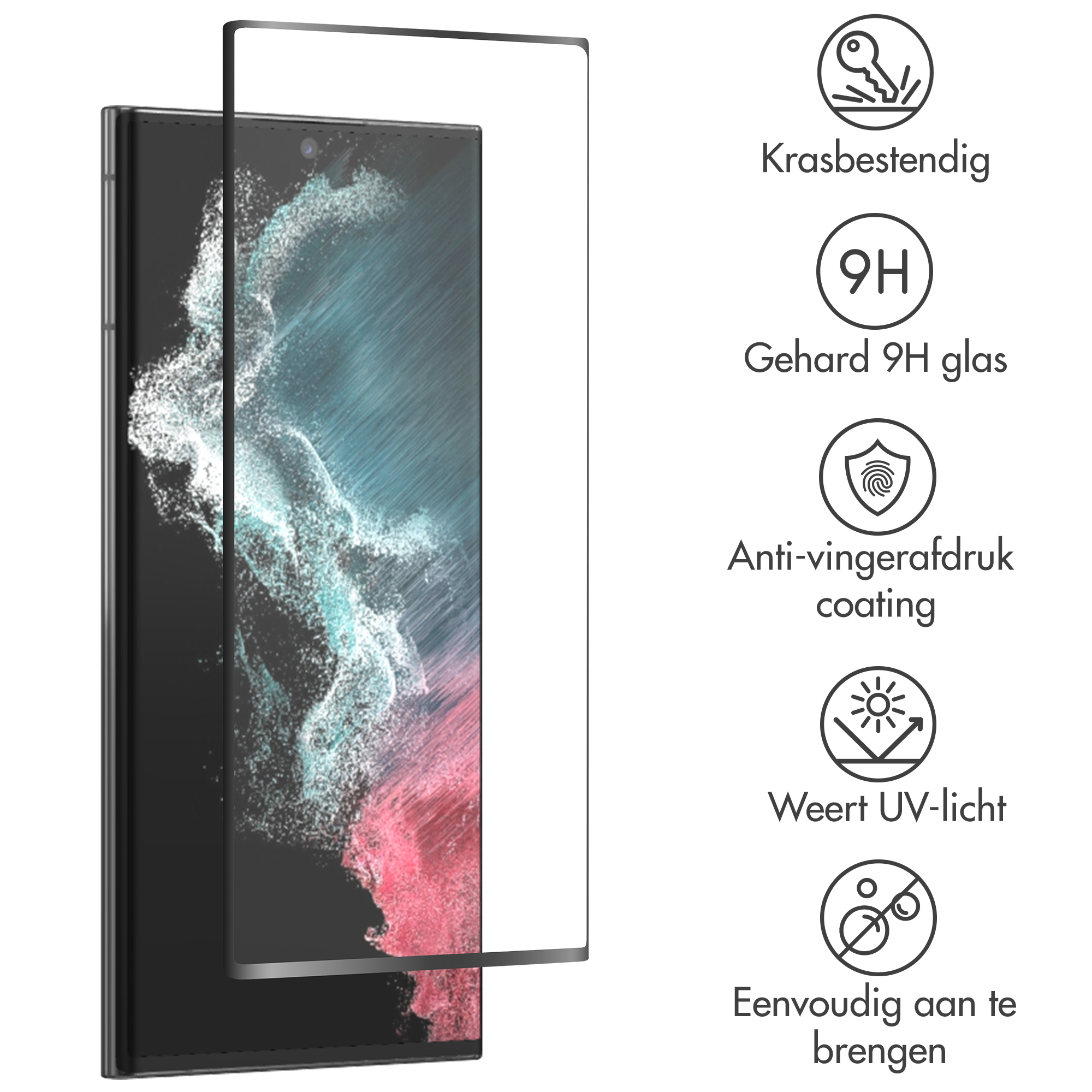 Een telefoon met een schermbeschermer. Iconen tonen kenmerken: krasbestendig, 9H glas, vingerafdrukcoating, UV-bescherming, eenvoudige applicatie.