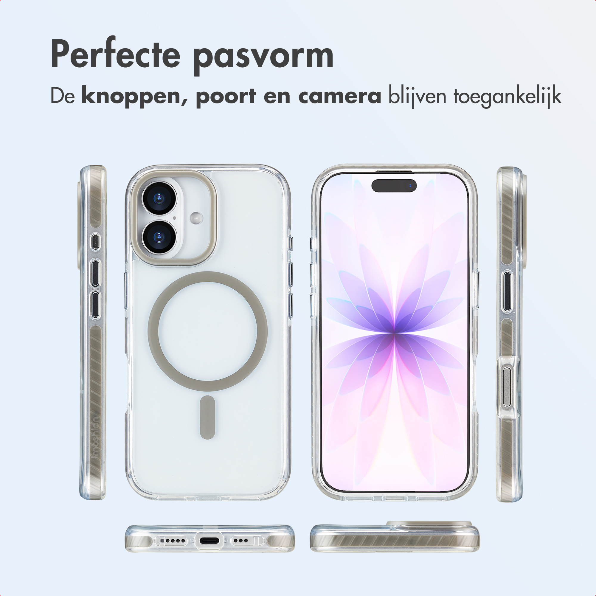 Custodie trasparenti per telefoni che mostrano le caratteristiche e il design del telefono. Testo: Vestibilità perfetta. Pulsanti, porta e fotocamera accessibili.