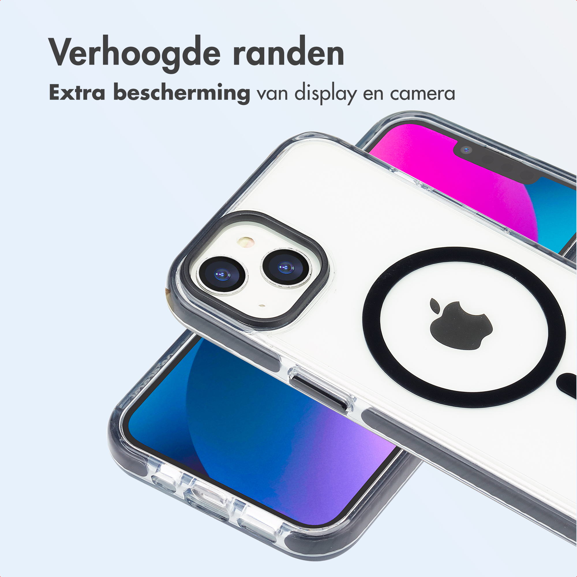 Twee doorzichtige telefoonhoesjes beschermen telefoons. Eén heeft Apple-logo. Tekst zegt 'Extra bescherming' en 'Verhoogde randen'.