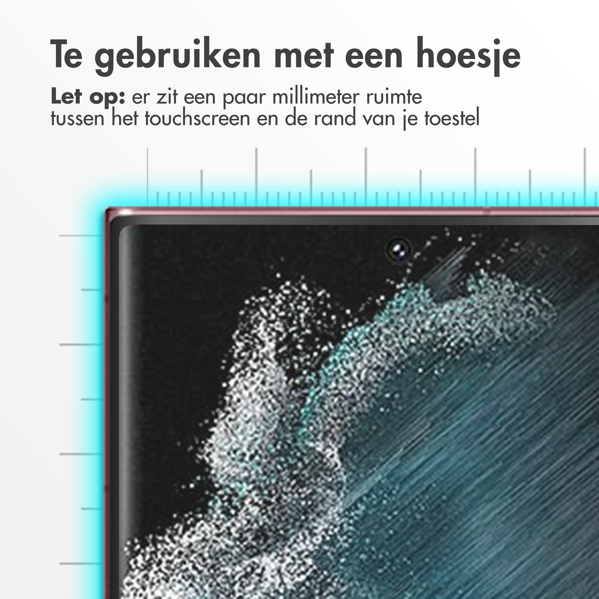 Een telefoonscherm met Nederlandse tekst. Het vermeldt een hoesje en de ruimte tussen het scherm en de rand.