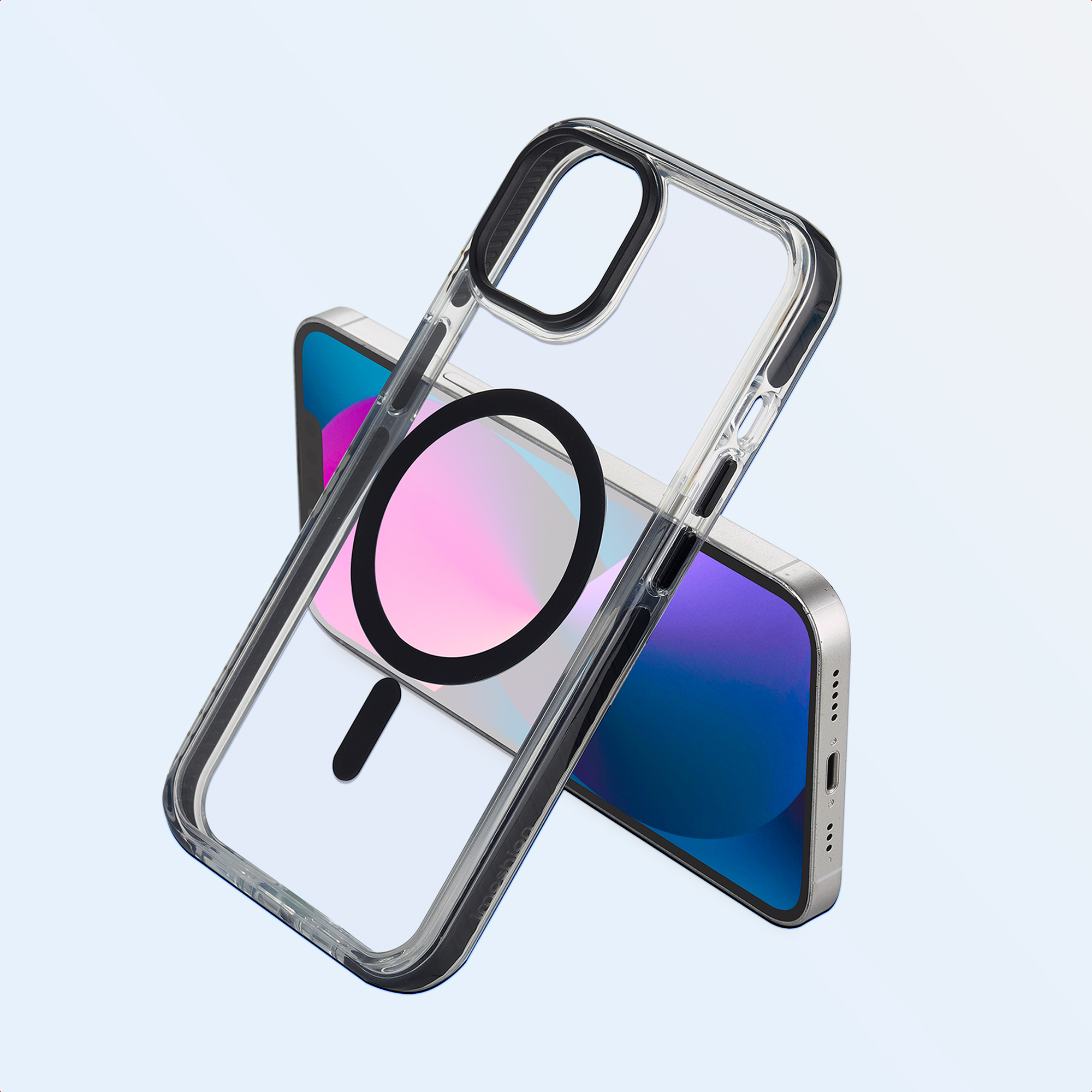 Transparante telefoonhoes over een telefoon. De hoes heeft een zwarte ring en een zwarte balk. Het scherm is zichtbaar.