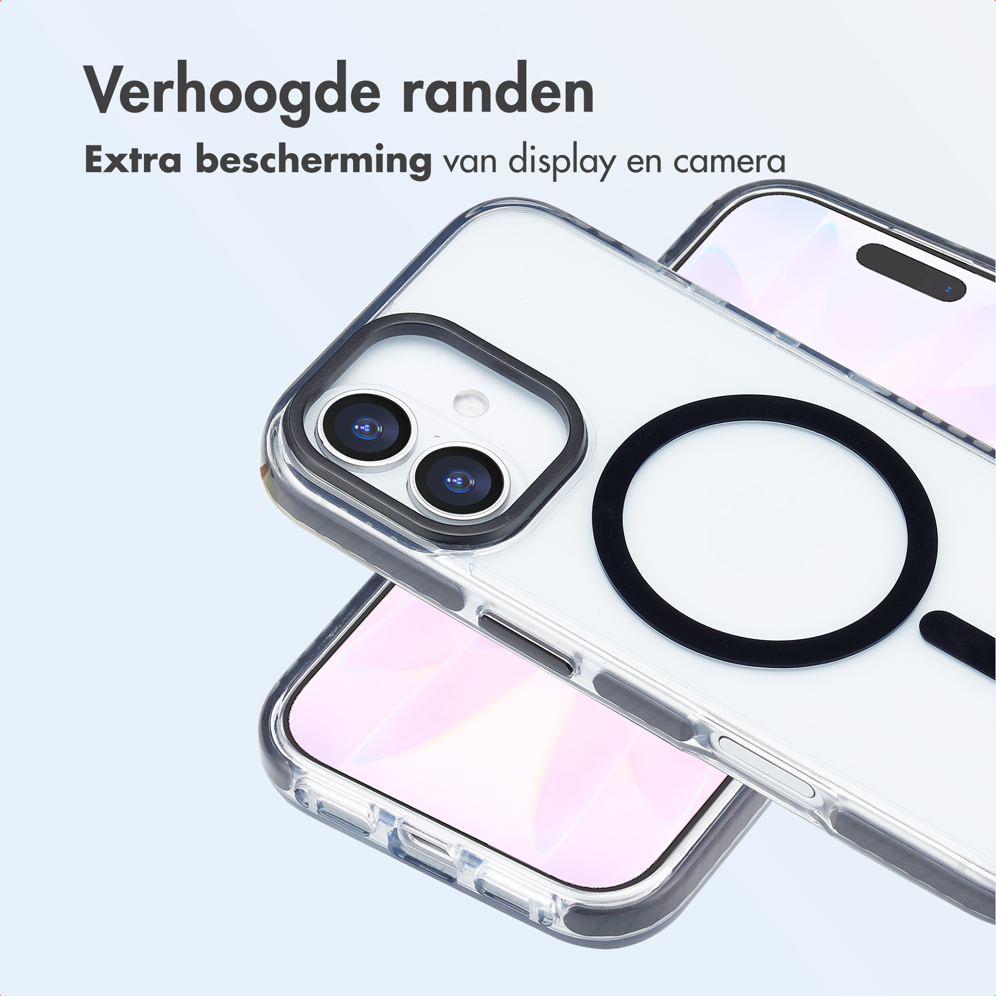 Custodia trasparente per telefono. Sono visibili due telefoni. Il telefono in alto mostra un cerchio nero e la fotocamera.
