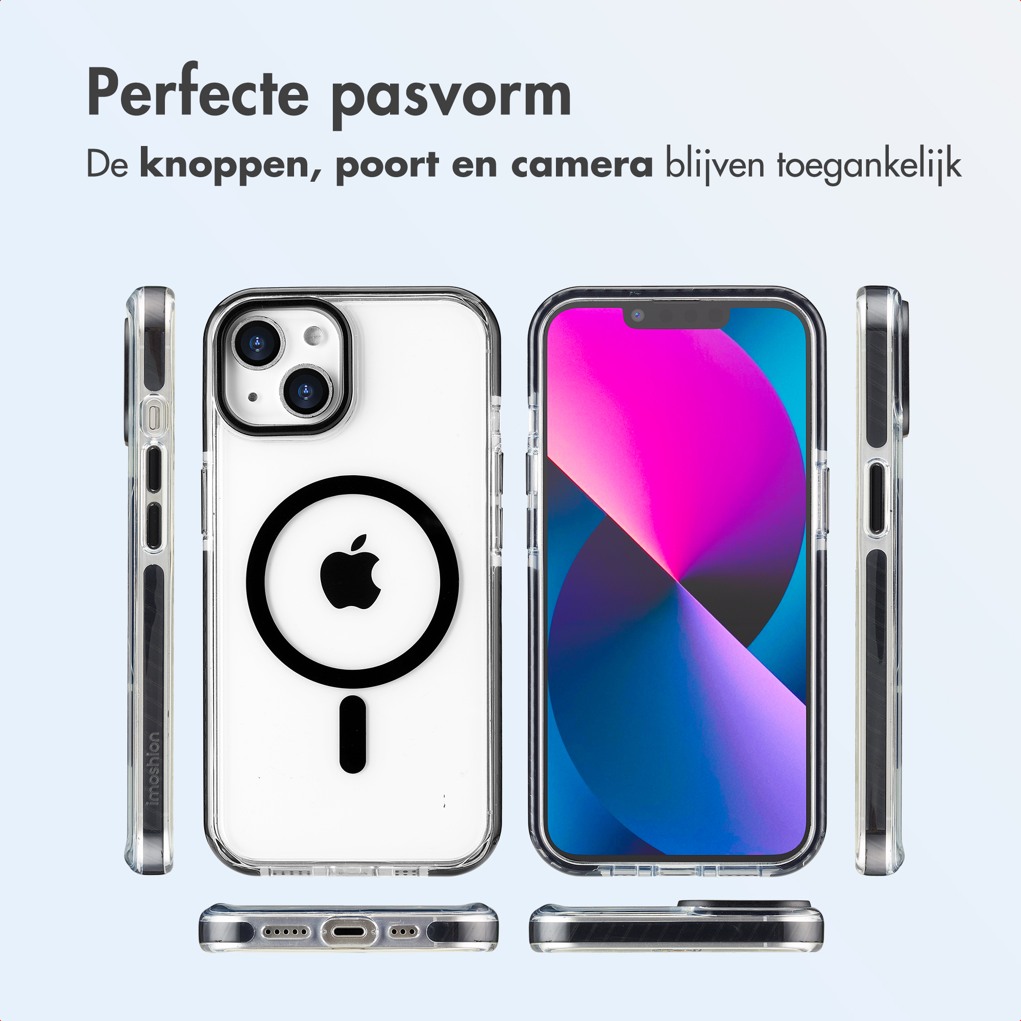 Transparante telefoonhoes met Apple-logo. iPhone zichtbaar. Tekst: Perfecte pasvorm. Knoppen, poort en camera blijven toegankelijk.