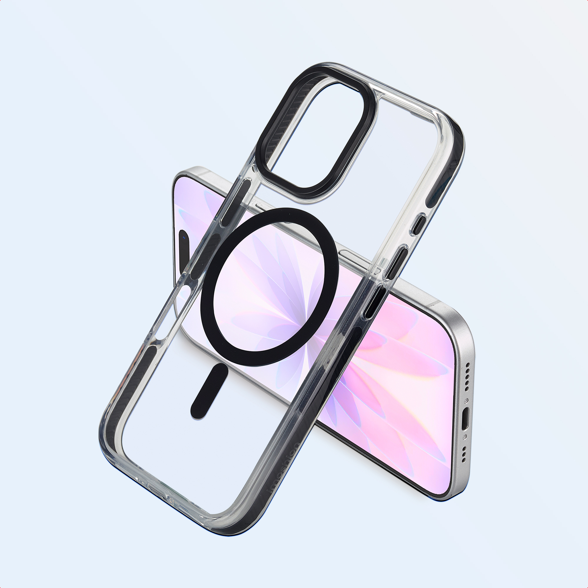 Una custodia trasparente per telefono su un telefono, che mostra il suo schermo rosa. La custodia ha un anello nero e una barra verticale nera.