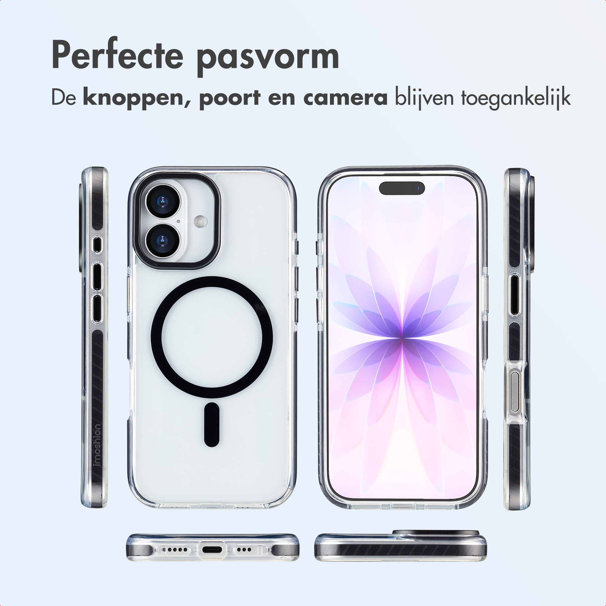 Custodia trasparente per telefono. Mostra viste frontali, laterali e inferiori. Pulsanti, porte e fotocamera accessibili. Sfondo bianco.