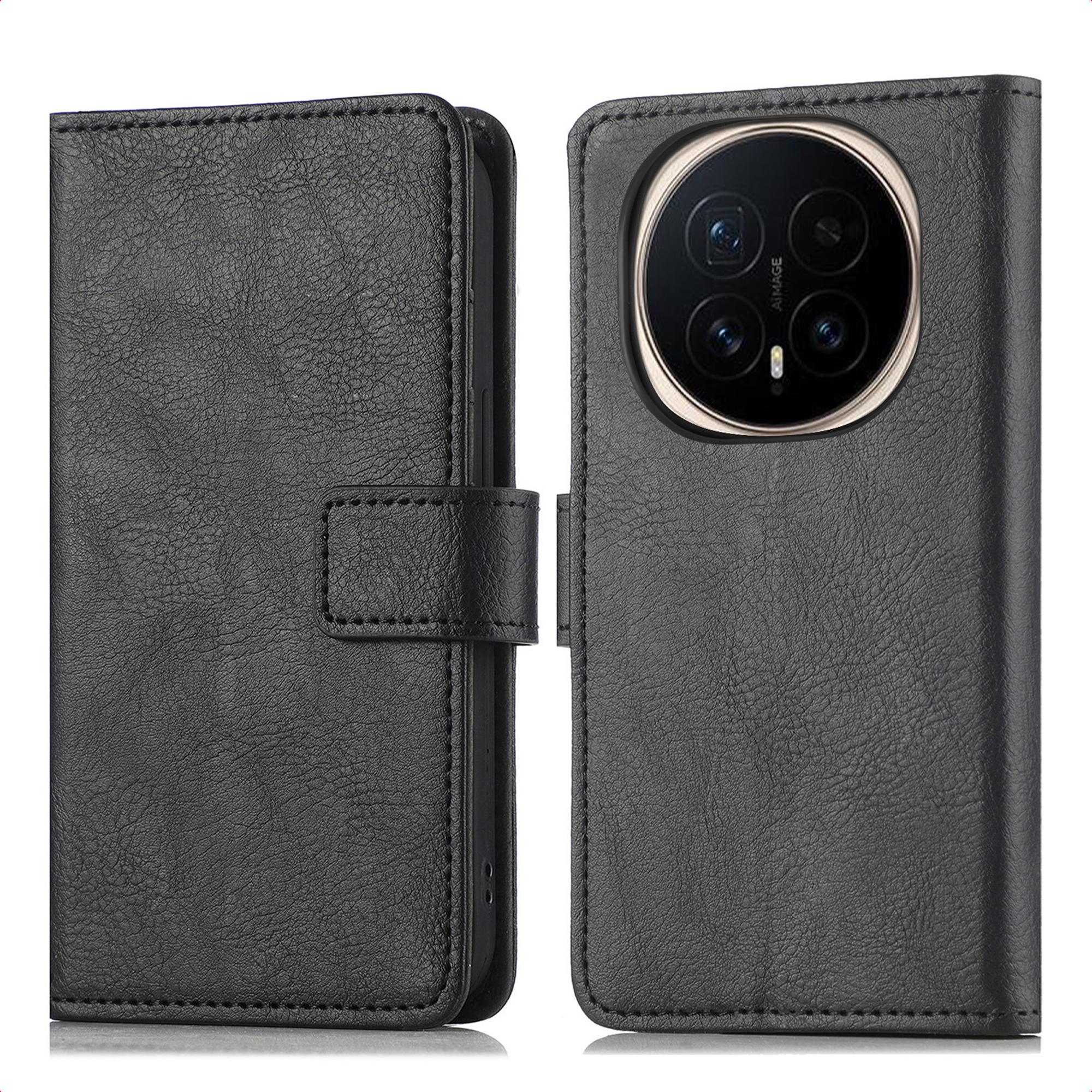 Zwarte leren telefoonhoes, met een magnetische sluiting en een uitsparing voor de camera. Het is een folio-hoes.