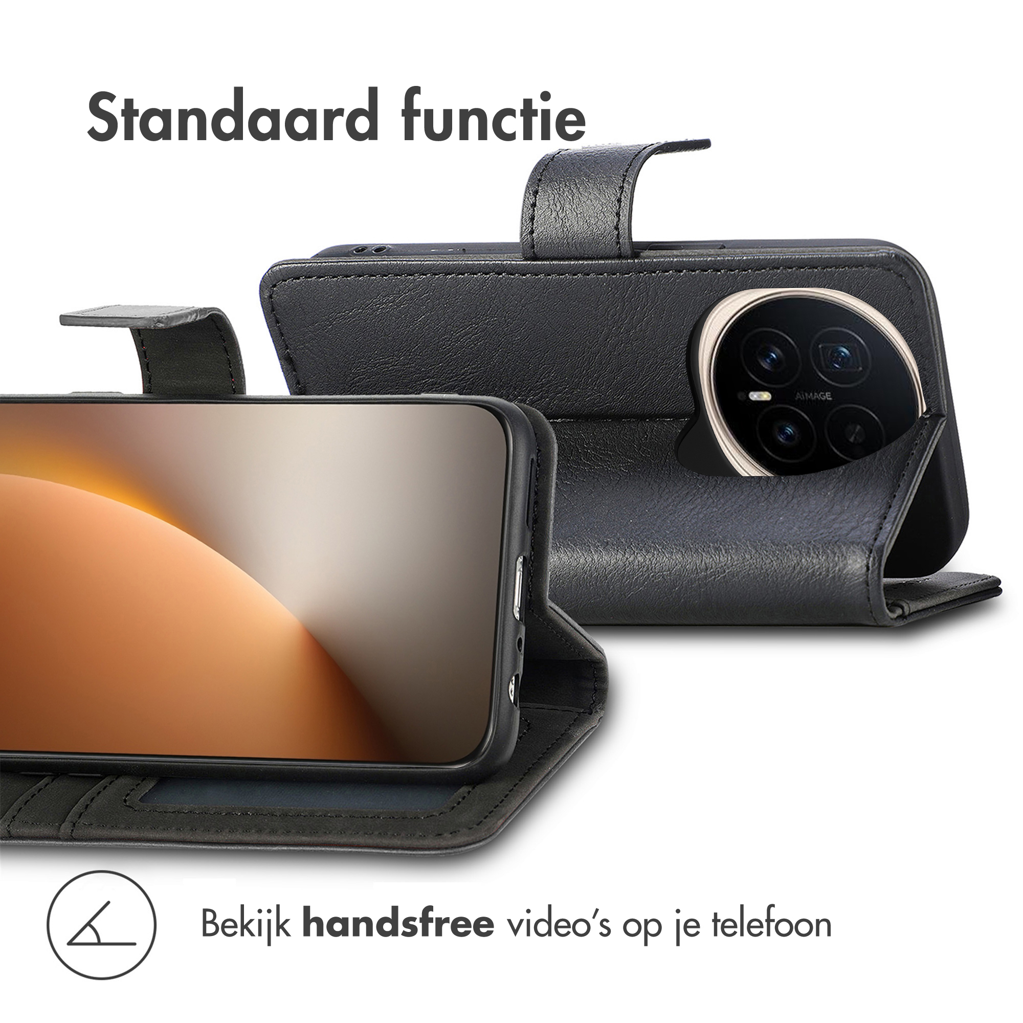 Zwarte telefoonhoes met een telefoon erin. De telefoon is open en toont het scherm. Tekst: 'standaard functie'.
