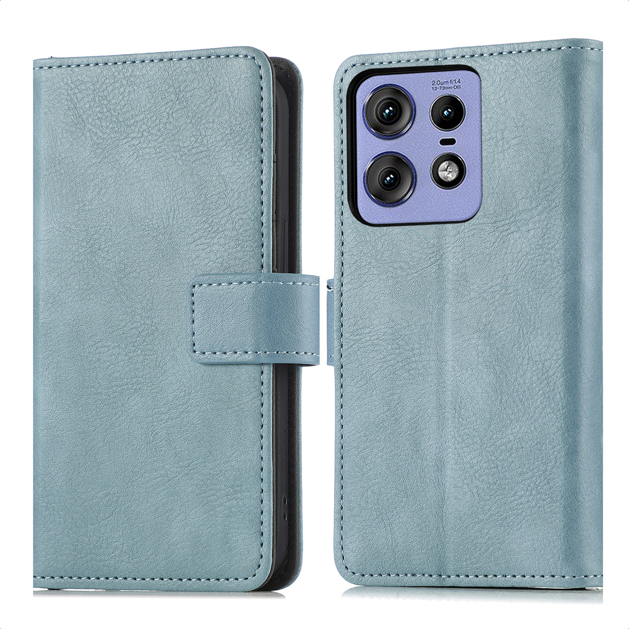 A light blue phone case, open. It has a magnetic clasp, and a purple camera module on the back.