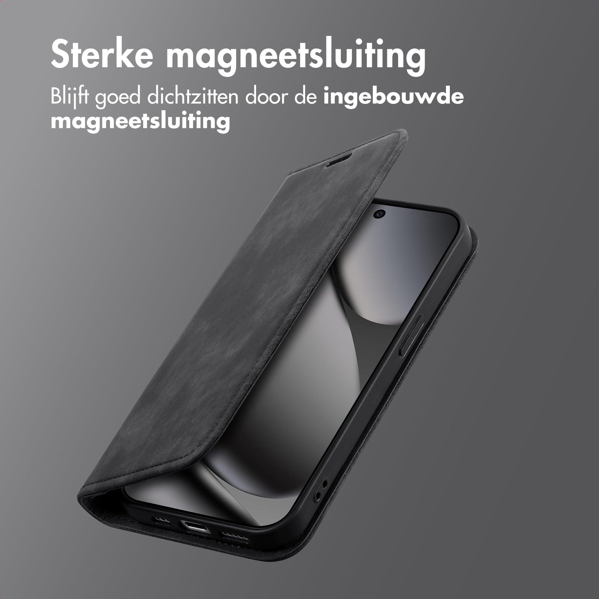 Custodia nera per telefono con chiusura magnetica, parzialmente aperta, che mostra lo schermo. Sfondo grigio.