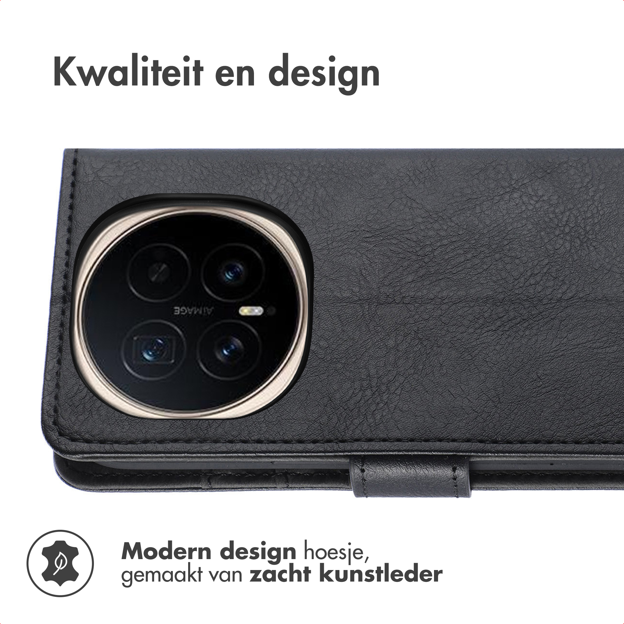 Zwarte telefoonhoes met cameradetail. Bovenin staat 'Kwaliteit en design'. Onderin staat 'Modern design hoesje'.