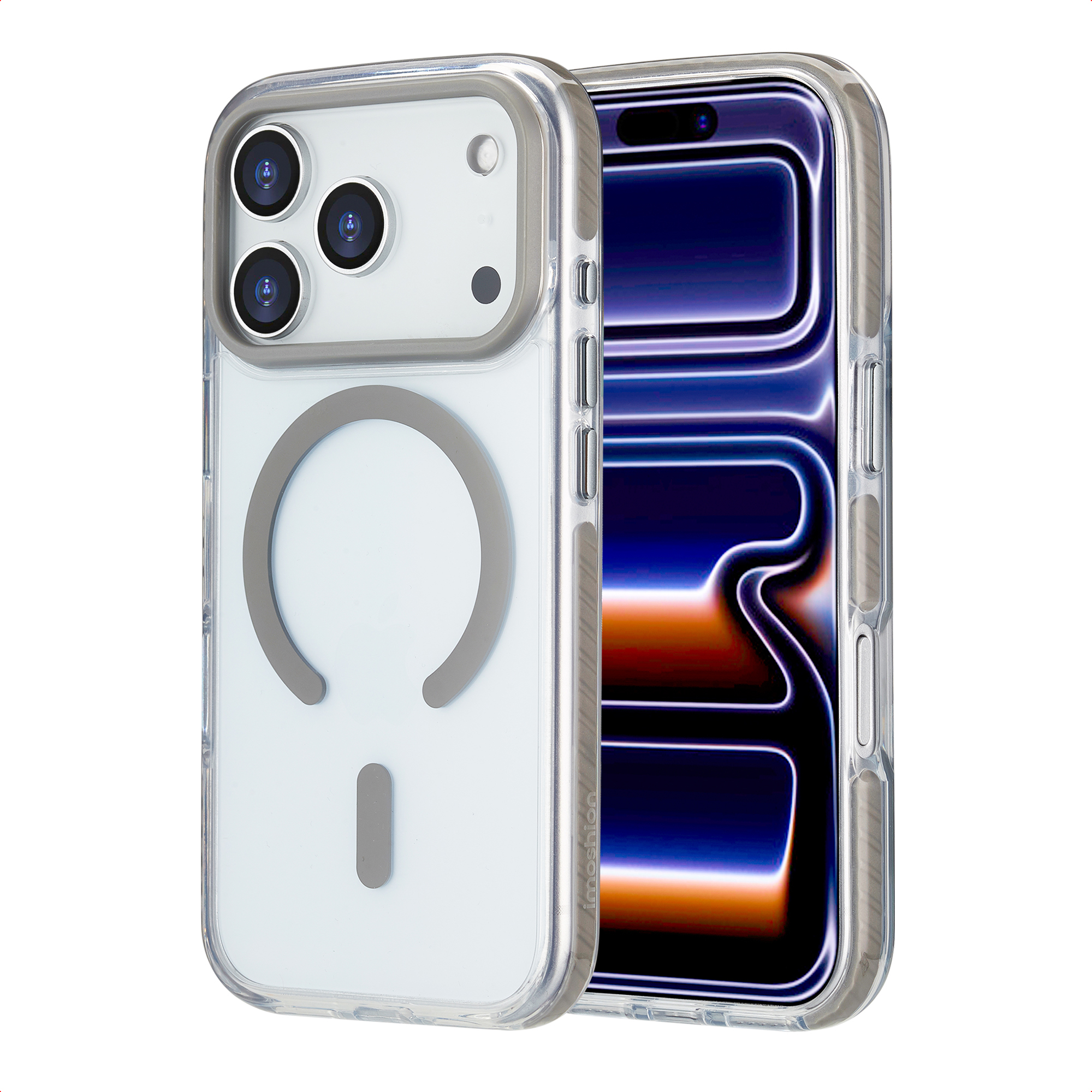 Une coque de téléphone transparente avec un téléphone à l'intérieur. La coque a un anneau magnétique gris. L'écran du téléphone est visible.