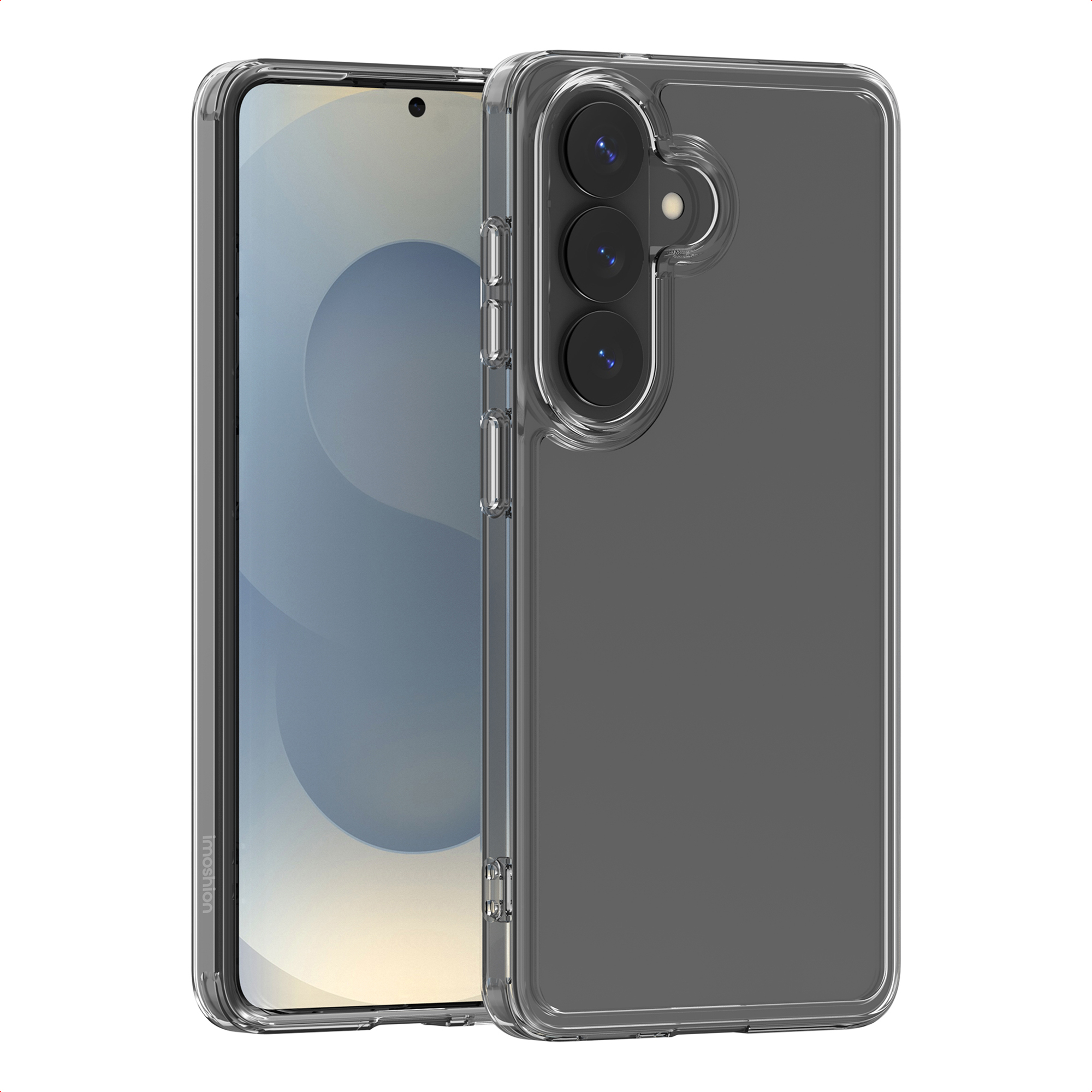 Una custodia trasparente protegge uno smartphone. Il telefono ha uno schermo a sinistra. La fotocamera è visibile.