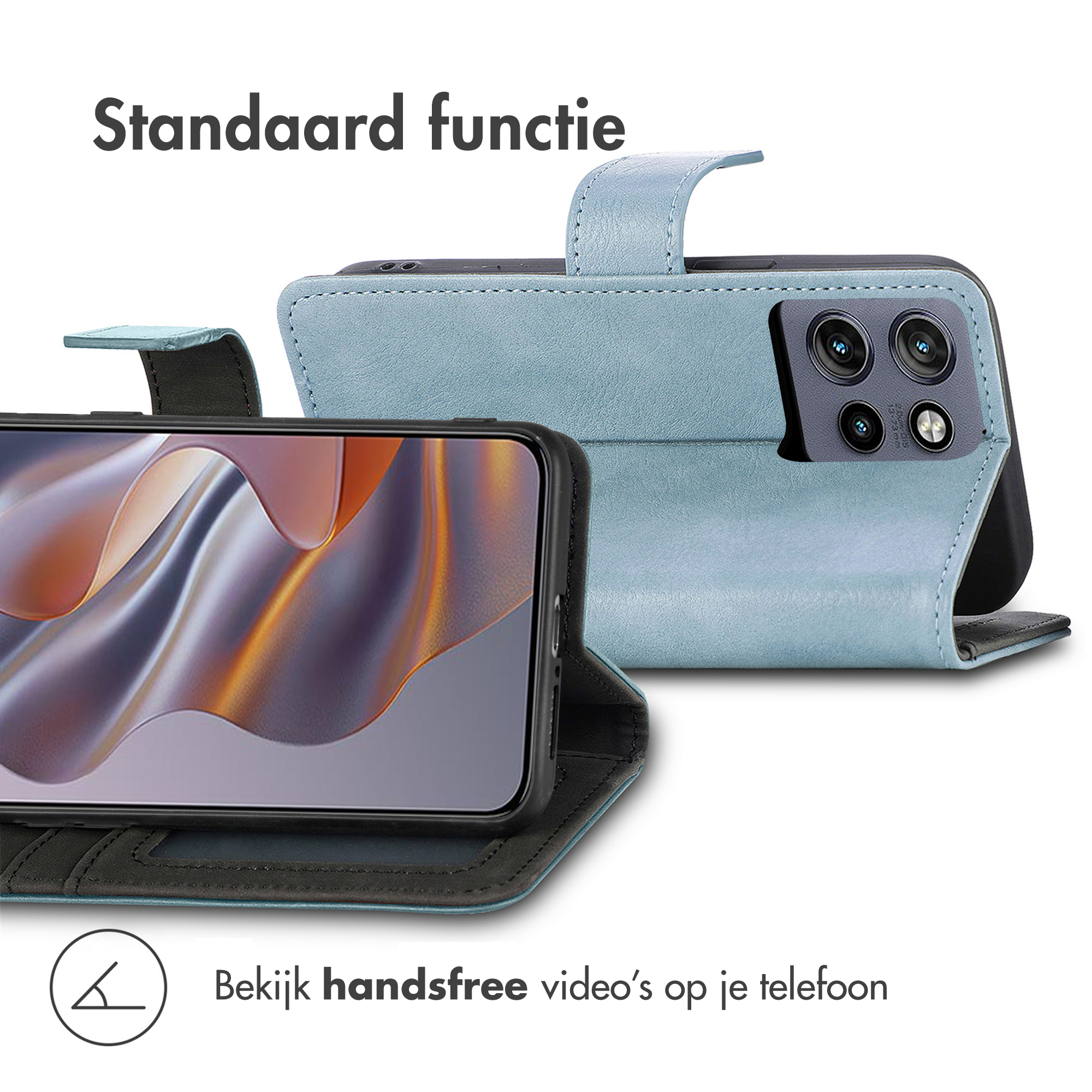 A phone case with a phone inside. The case is blue and the phone's screen displays an abstract image. Text says 'Standaard functie'.