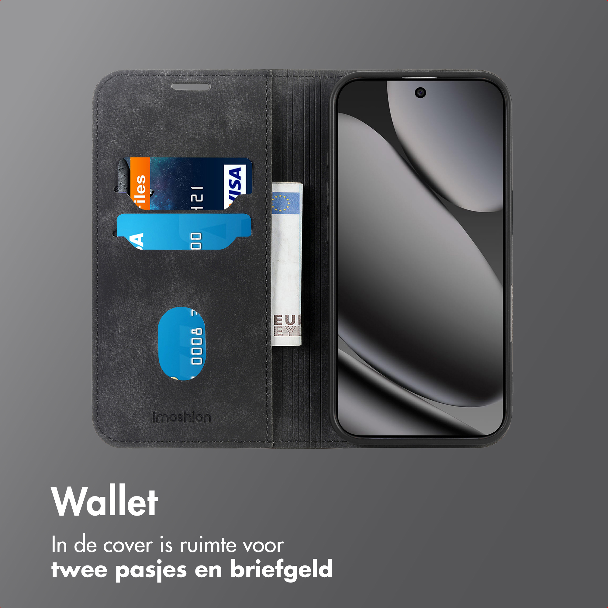 Un telefono in un portafoglio in pelle, aperto per rivelare fessure per carte, carte e contanti. Un telefono è sulla destra.