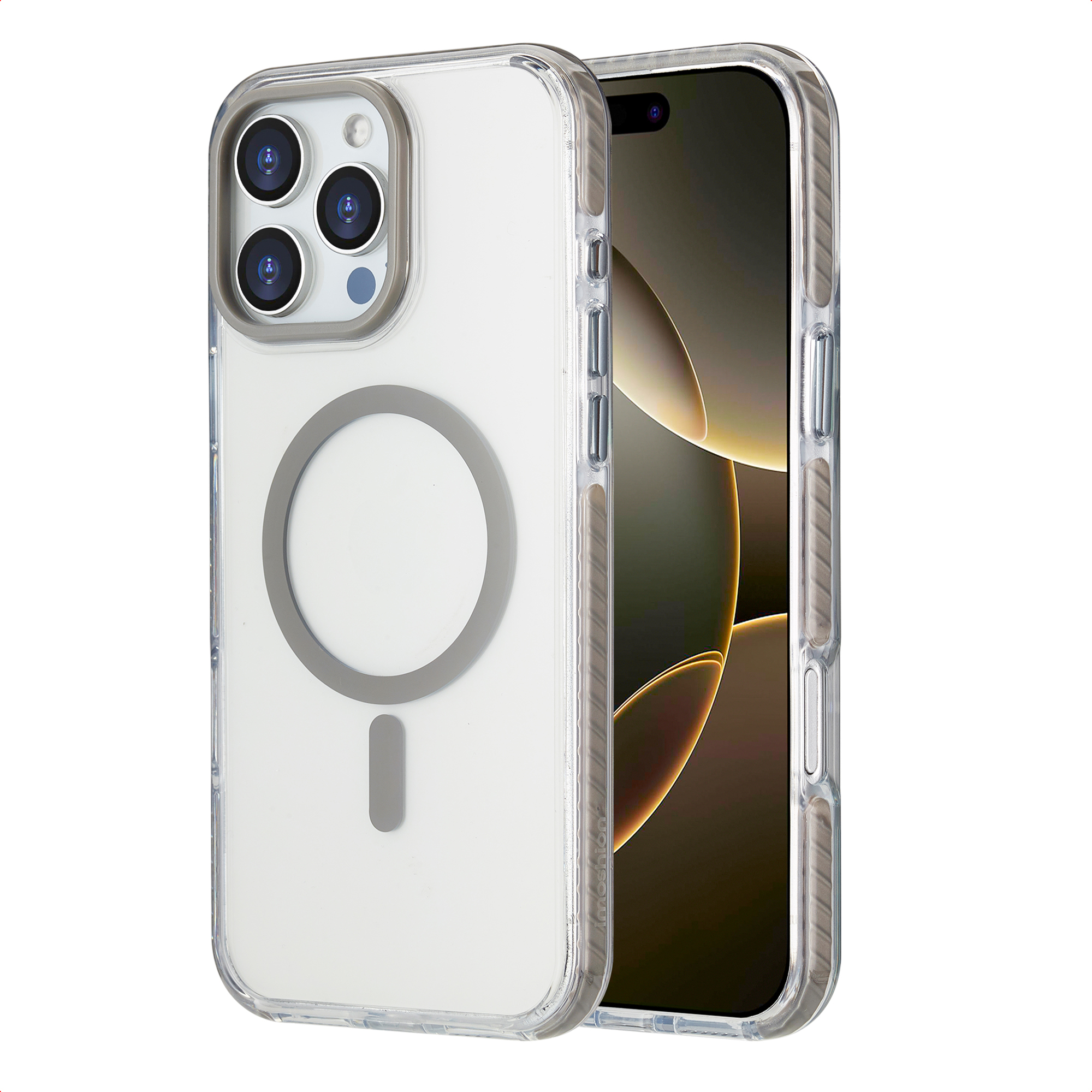 Een doorzichtige telefoonhoes met een telefoon erin. De hoes heeft een magnetische ring aan de achterkant. Het telefoonscherm is zichtbaar.