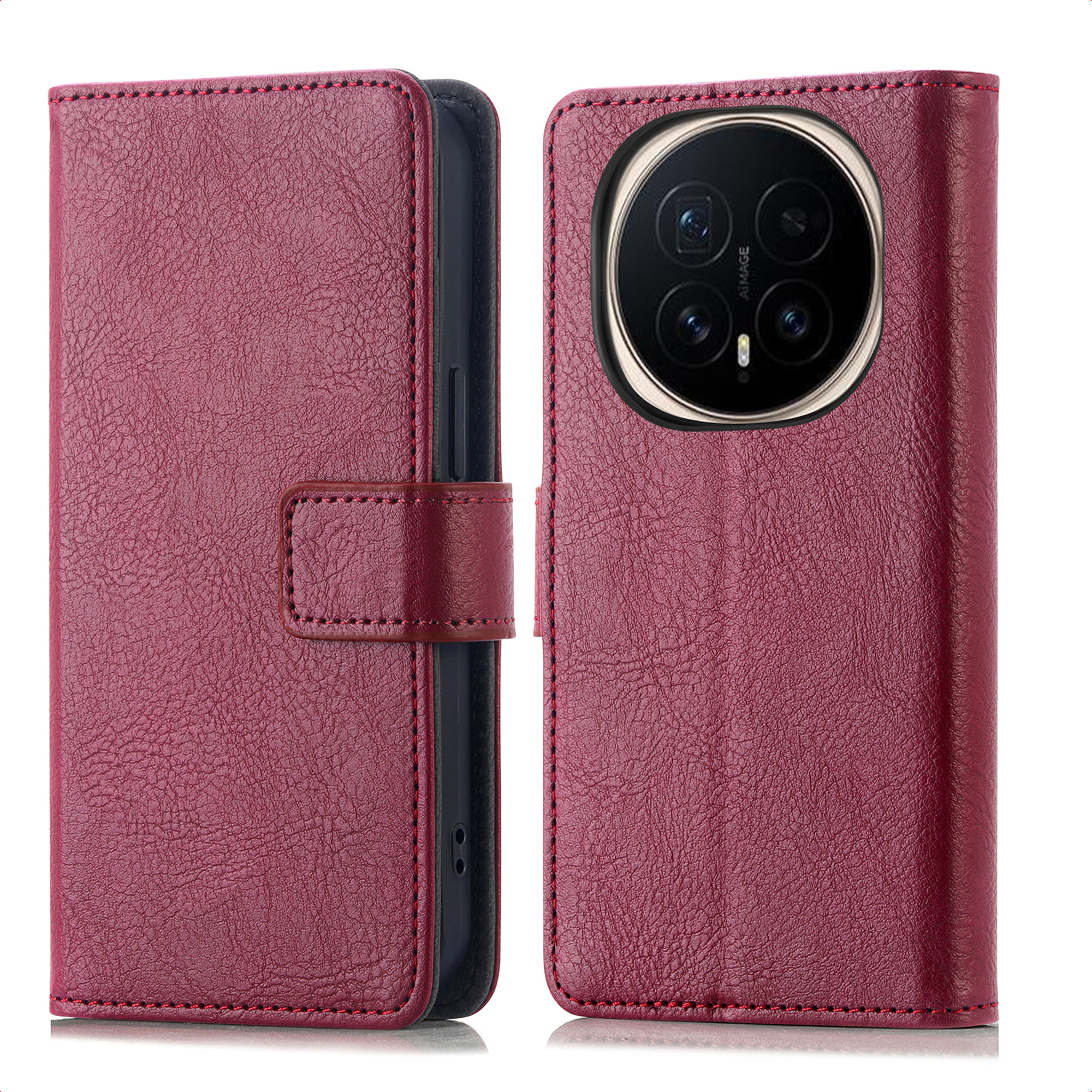 Een bordeauxrode leren telefoonhoes met flap en magnetische sluiting, met een camera-uitsparing op de achterkant.