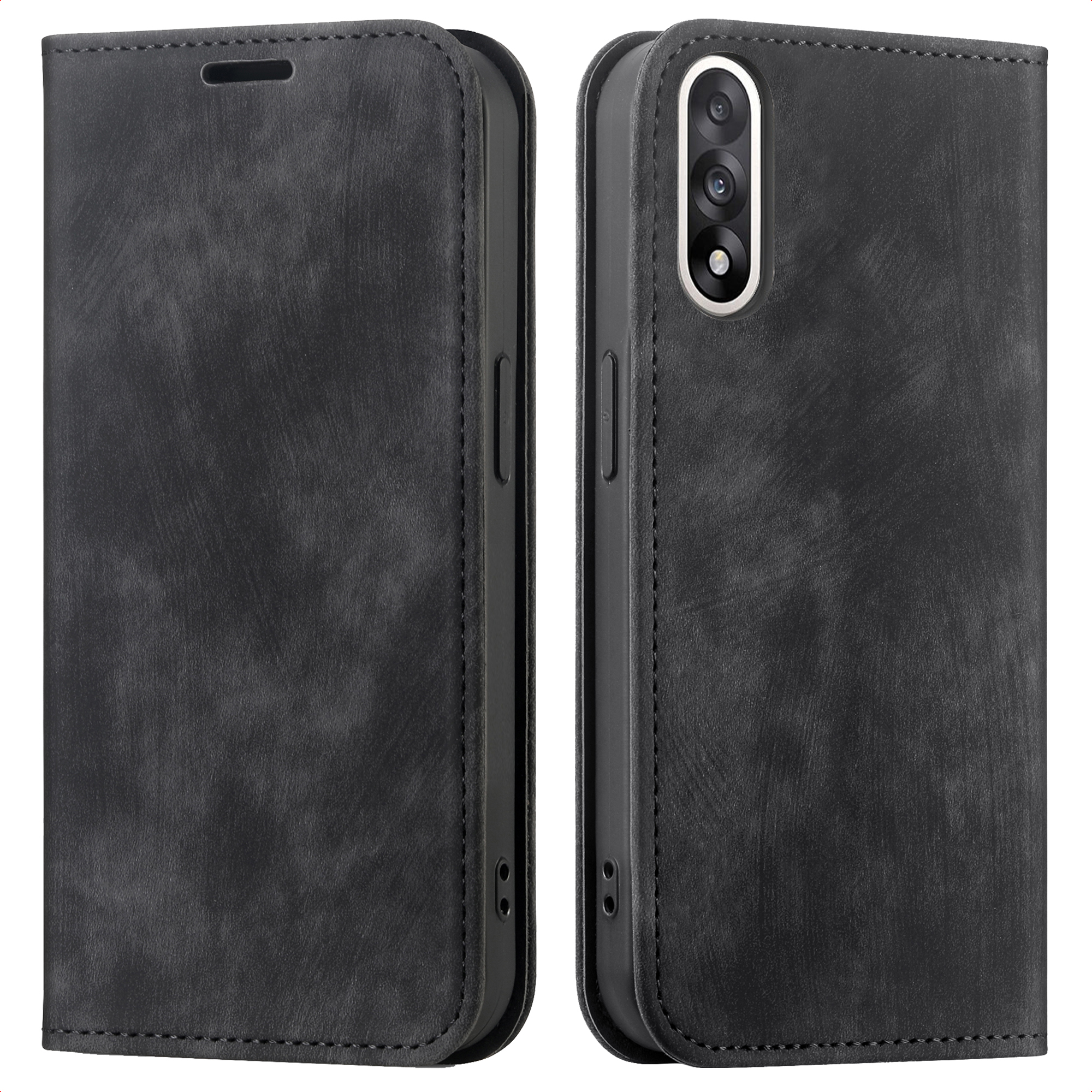 Un étui de téléphone en cuir noir, ouvert pour révéler l'appareil photo du téléphone. L'étui a une apparence texturée.