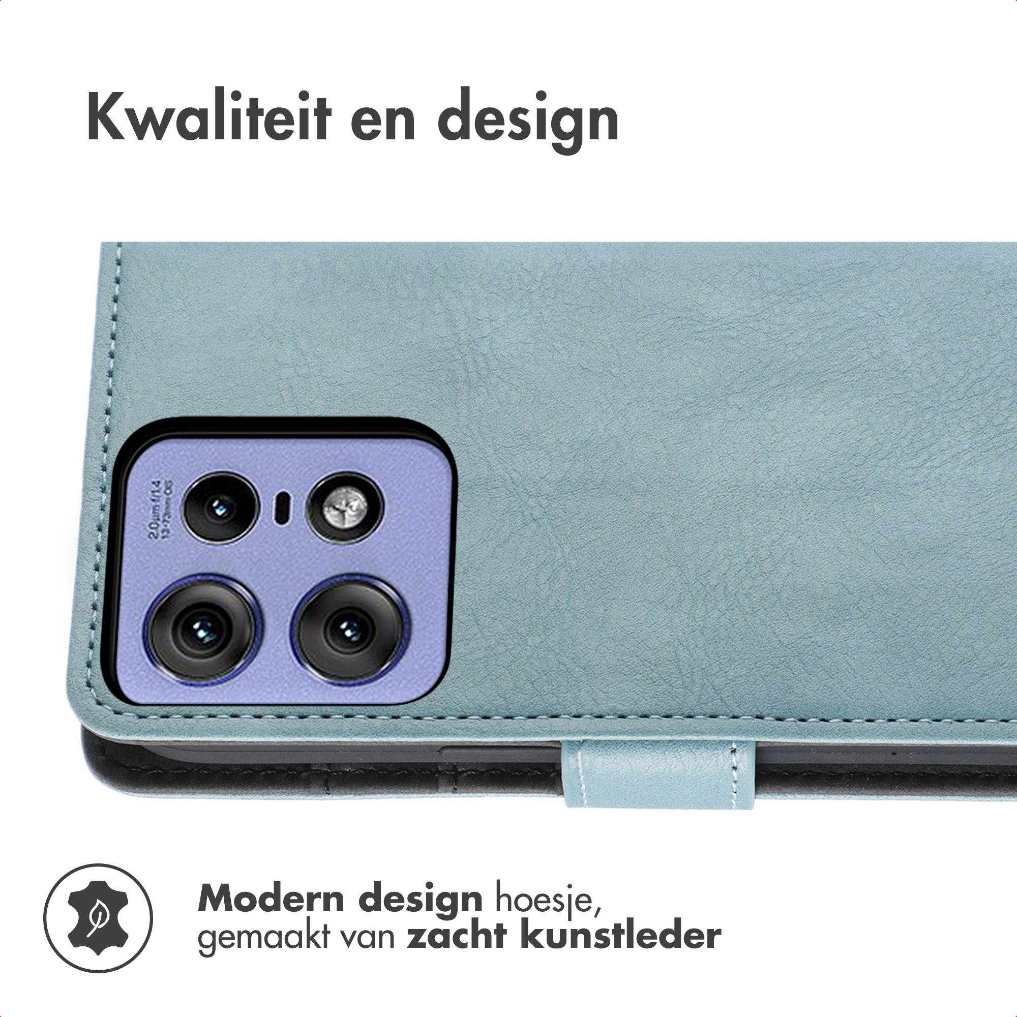 A close-up of a phone case with a camera module. The case is light blue. Text says modern design made of soft faux leather.
