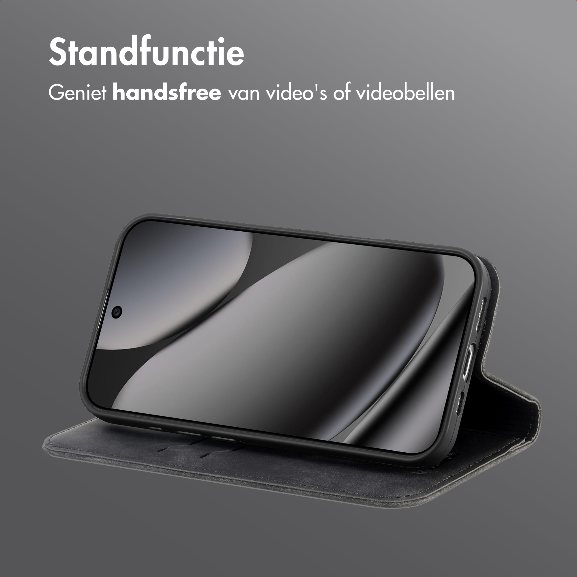 Un telefono in una custodia nera viene visualizzato aperto, una funzione di supporto. Testo: Goditi video o videochiamate a mani libere.