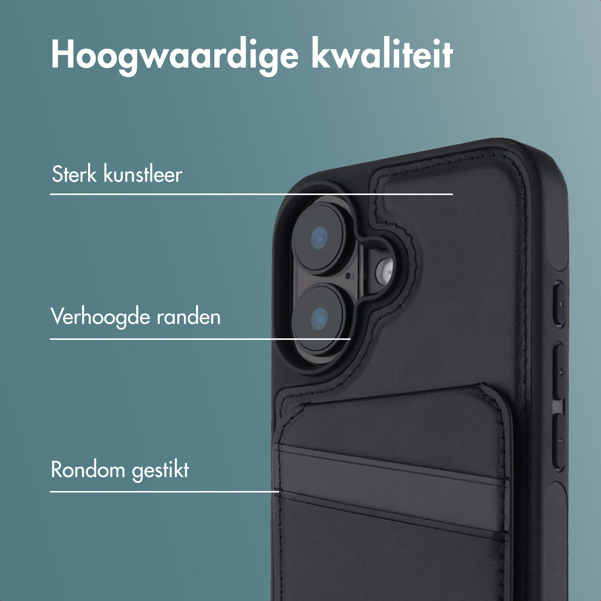 Zwarte telefoonhoes met camera, leertextuur en kaarthouder. Tekst: hoogwaardig, sterk leer, verhoogde randen, rondom gestikt.