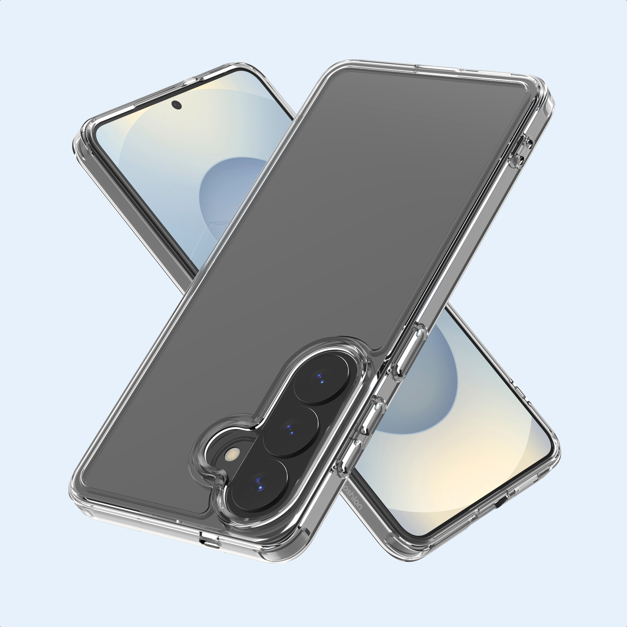 Due custodie trasparenti per telefono, una sopra l'altra, che mostrano il design del telefono. Lo sfondo è azzurro.