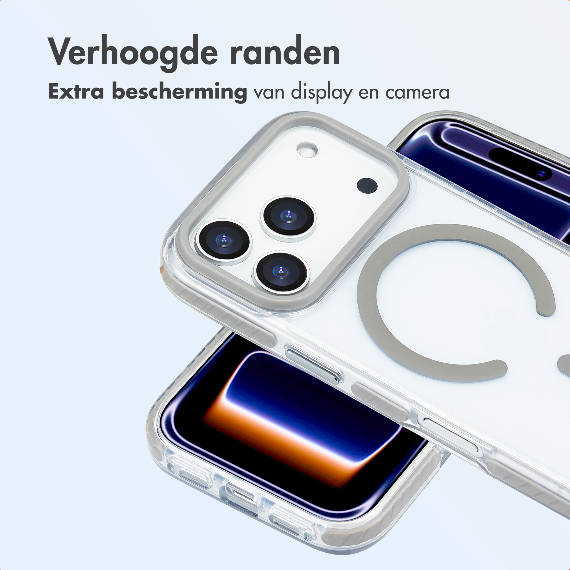 Deux smartphones dans des coques de protection. Les coques sont transparentes avec une bordure grise. Texte: 'Bords surélevés'.