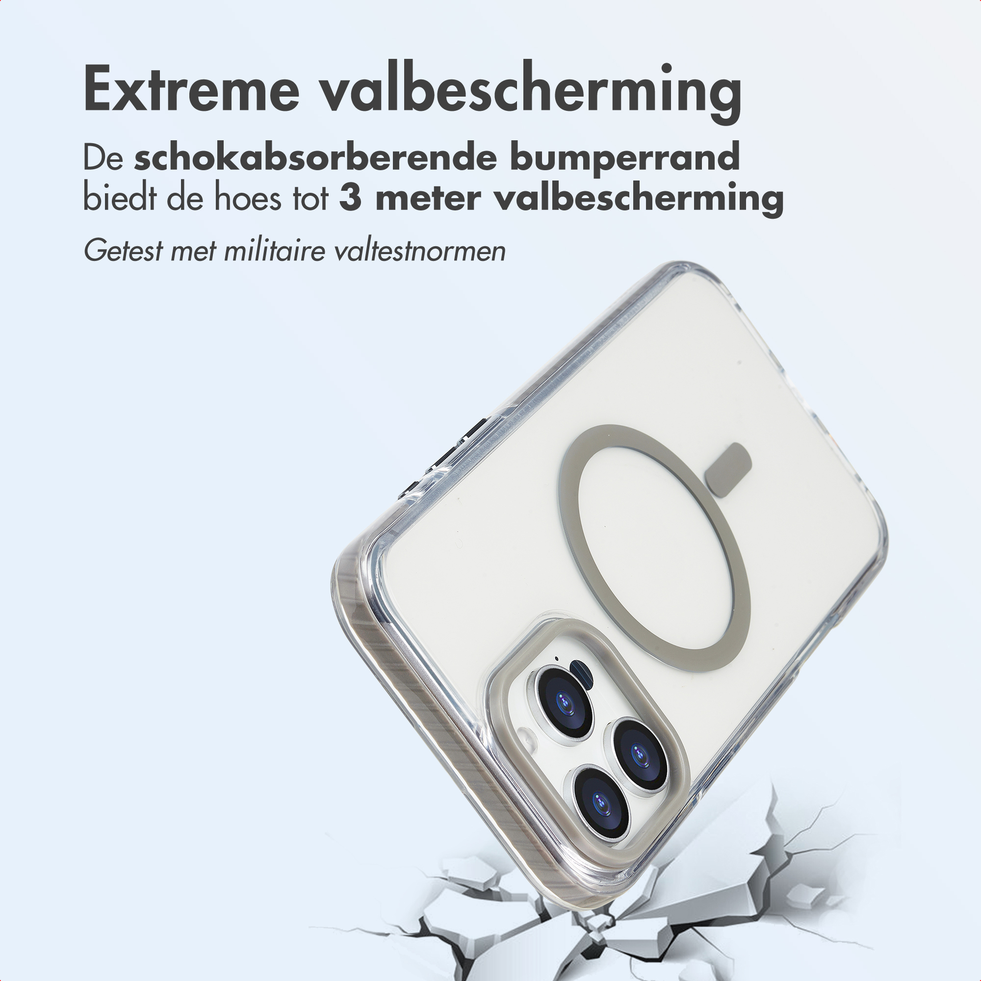 Transparante telefoonhoes op gebarsten oppervlak. Tekst: Extreme valbescherming. Biedt bescherming tot 3 meter.