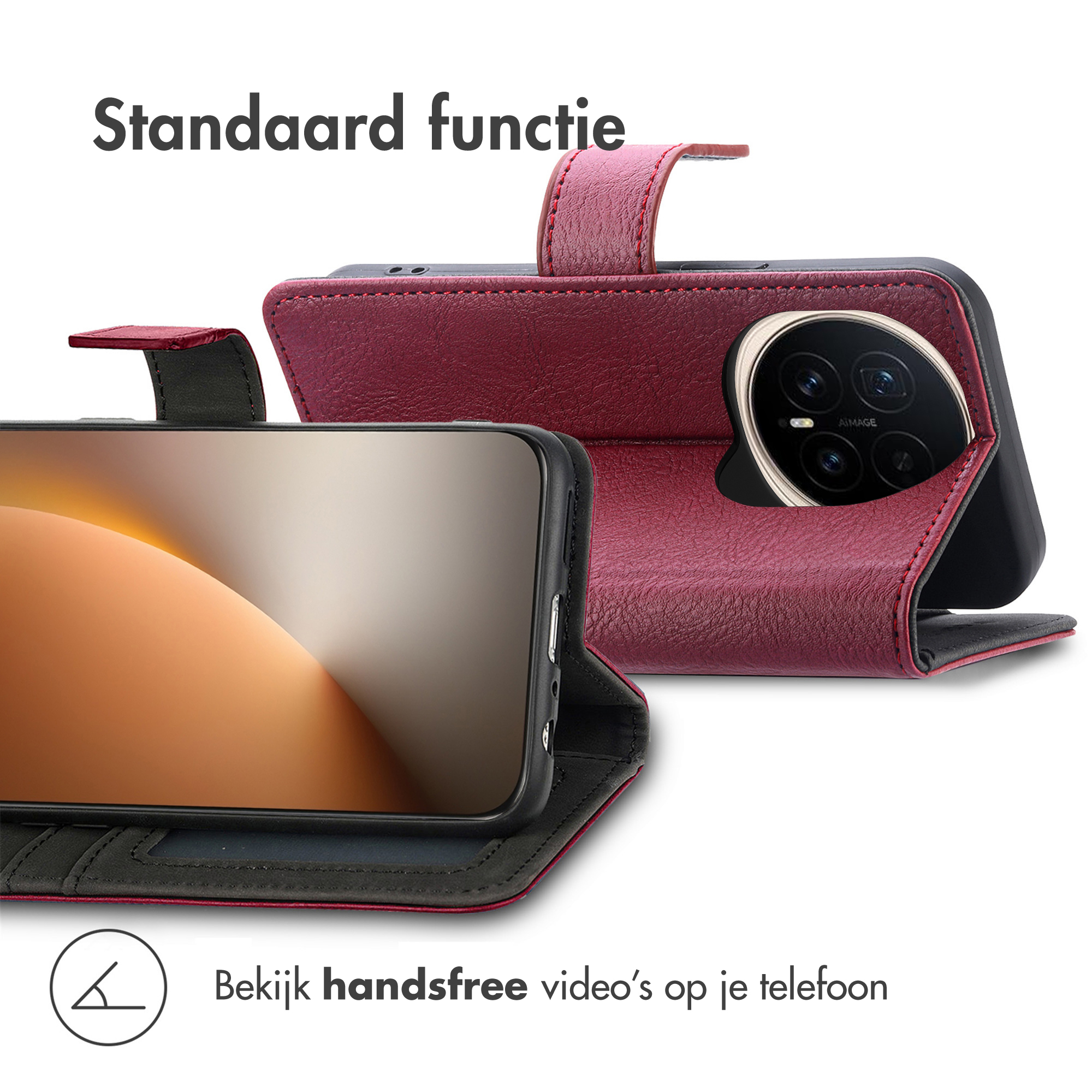 Een telefoonhoesje, met een telefoon erin. De hoes is bordeauxrood. Tekst bovenaan: 'Standaard functie'.