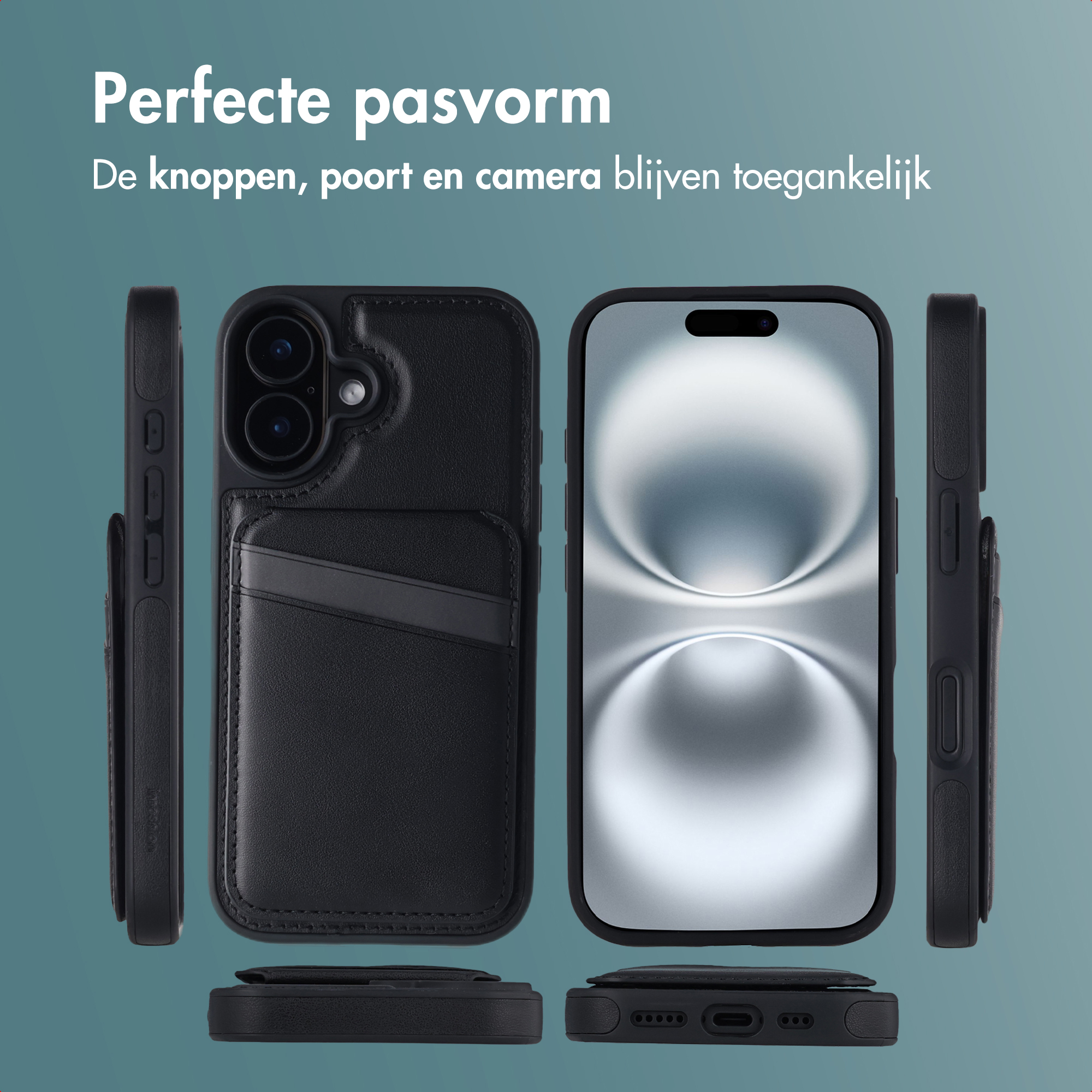 Zwarte telefoonhoes met kaartsleuven. Telefoon in het midden, zijaanzichten aan weerszijden. Blauwgroene achtergrond.