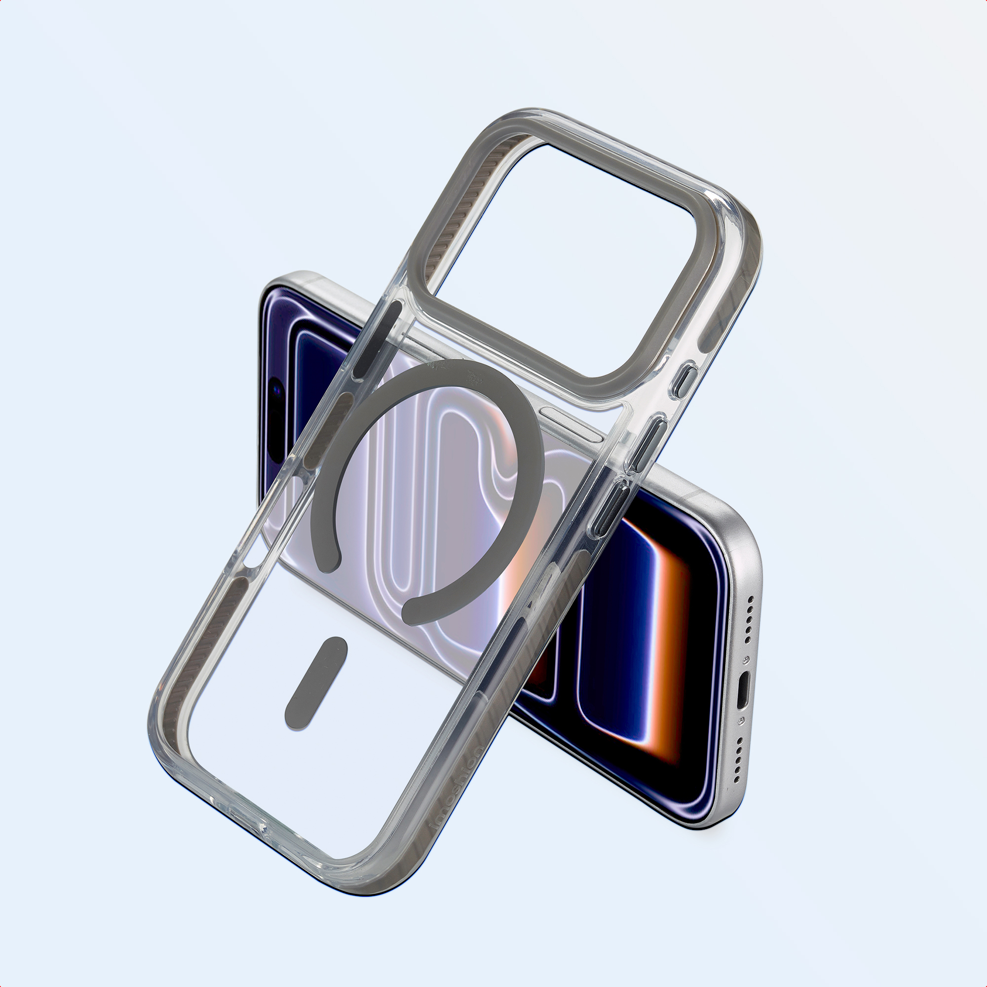 Coque de téléphone transparente avec un anneau MagSafe gris et un téléphone en dessous. Fond bleu dégradé.