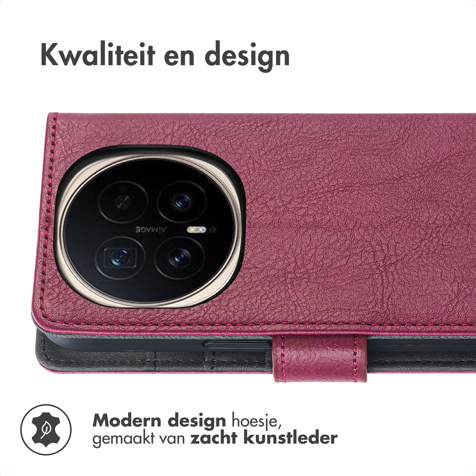 Een close-up van een bordeauxrode telefoonhoes met een camera-uitsparing. De tekst in het Nederlands luidt 'Modern design'.