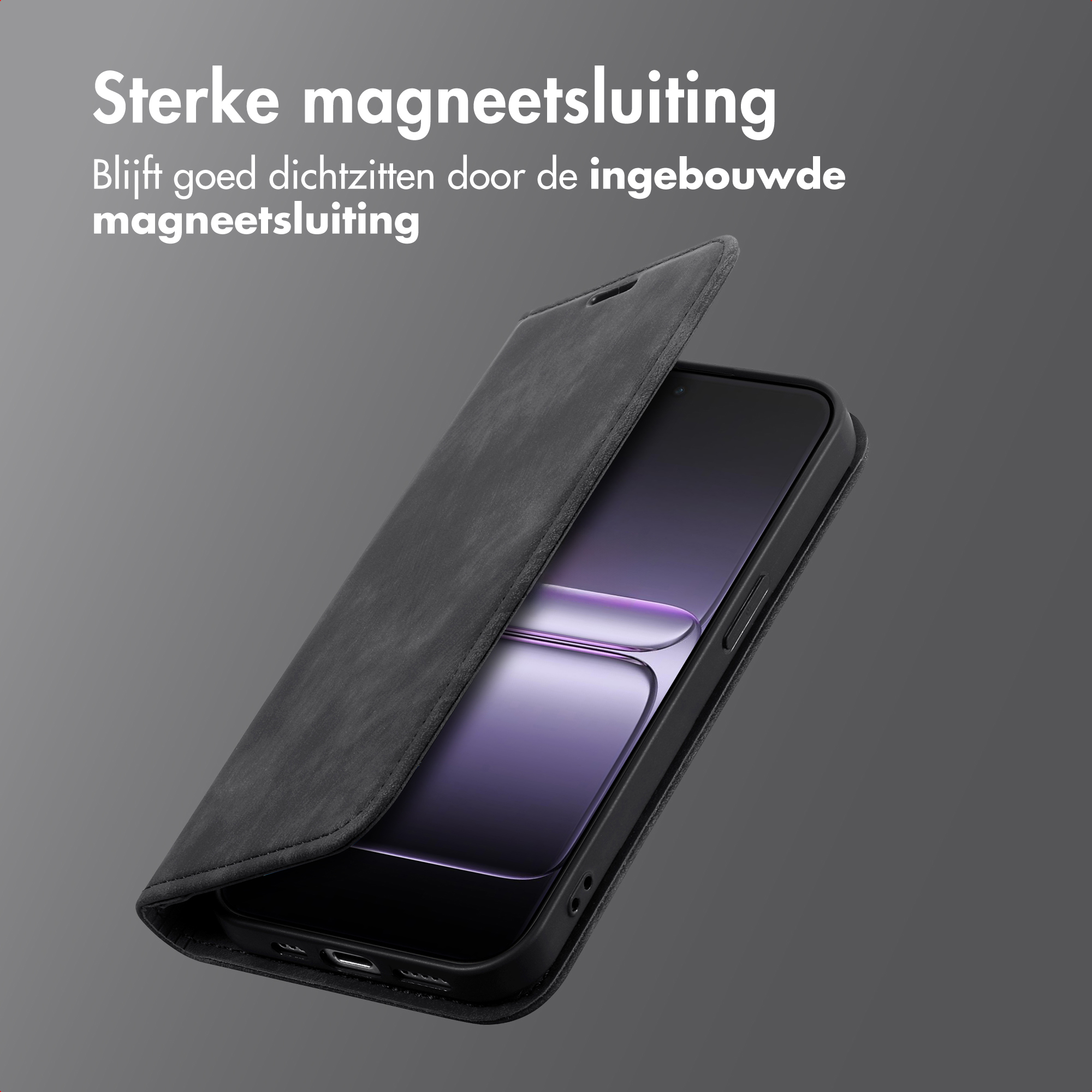 Un téléphone dans un étui noir avec fermeture magnétique est partiellement ouvert sur fond gris.