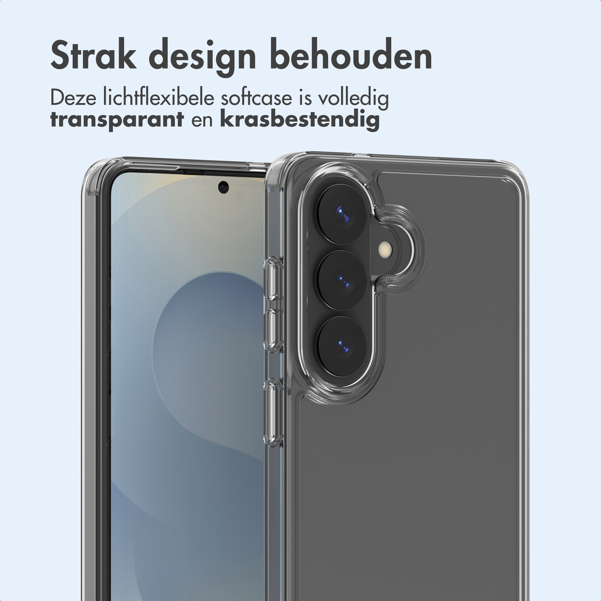Un telefono in una custodia trasparente. La custodia ha un ritaglio per la fotocamera, mostrando il design del telefono.