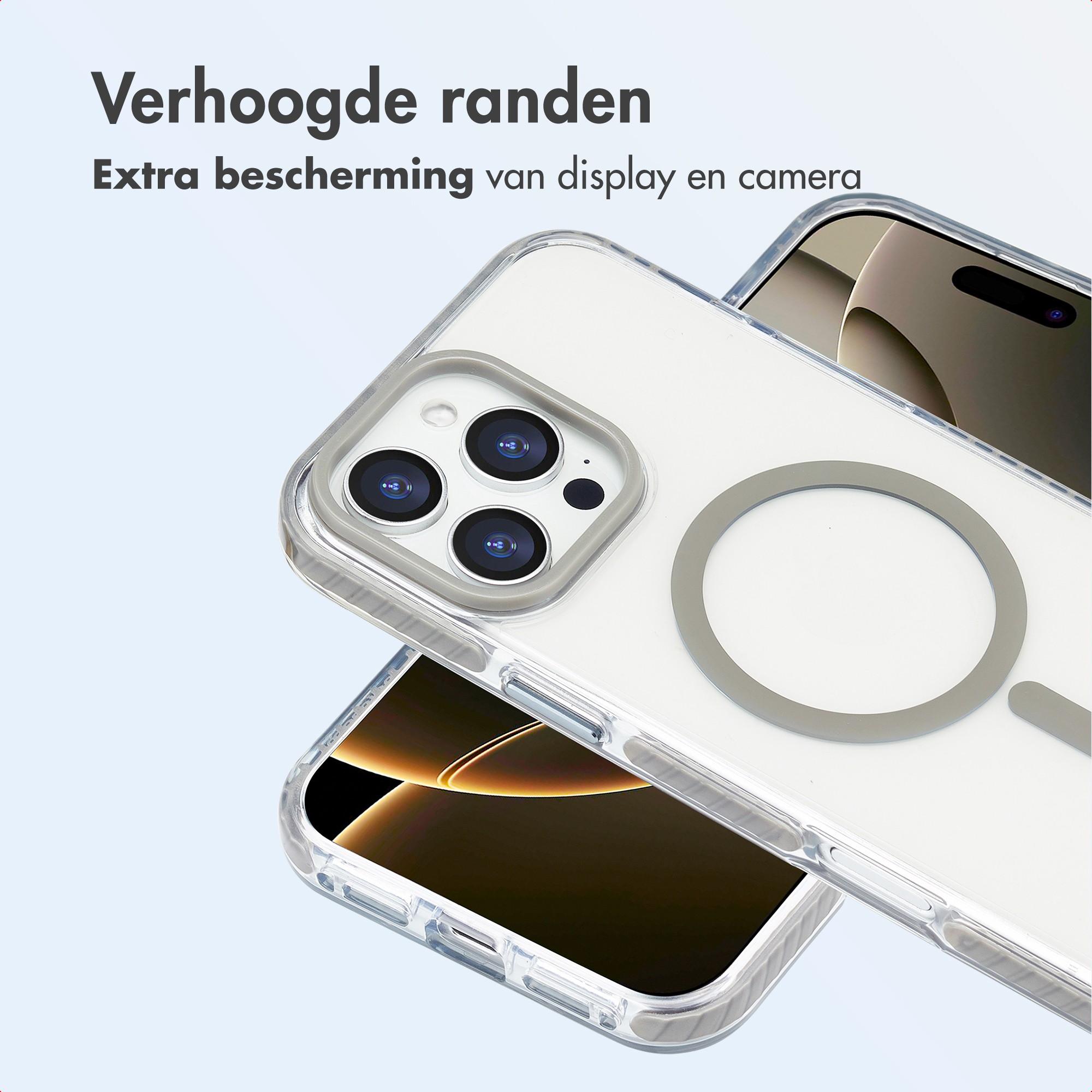 Twee doorzichtige telefoonhoesjes op elkaar. Eén toont cameralenzen, de ander het scherm. Tekst: 'Verhoogde randen'.
