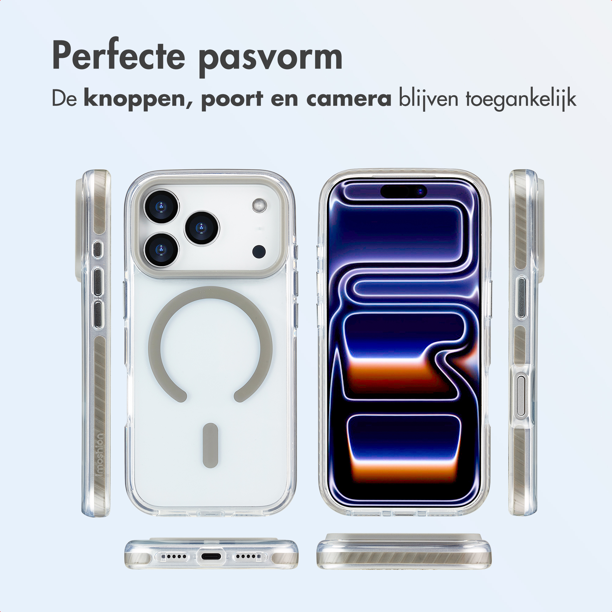Coques de téléphone transparentes montrant les fonctions du téléphone : boutons, ports et appareil photo. La coque est transparente et protectrice.