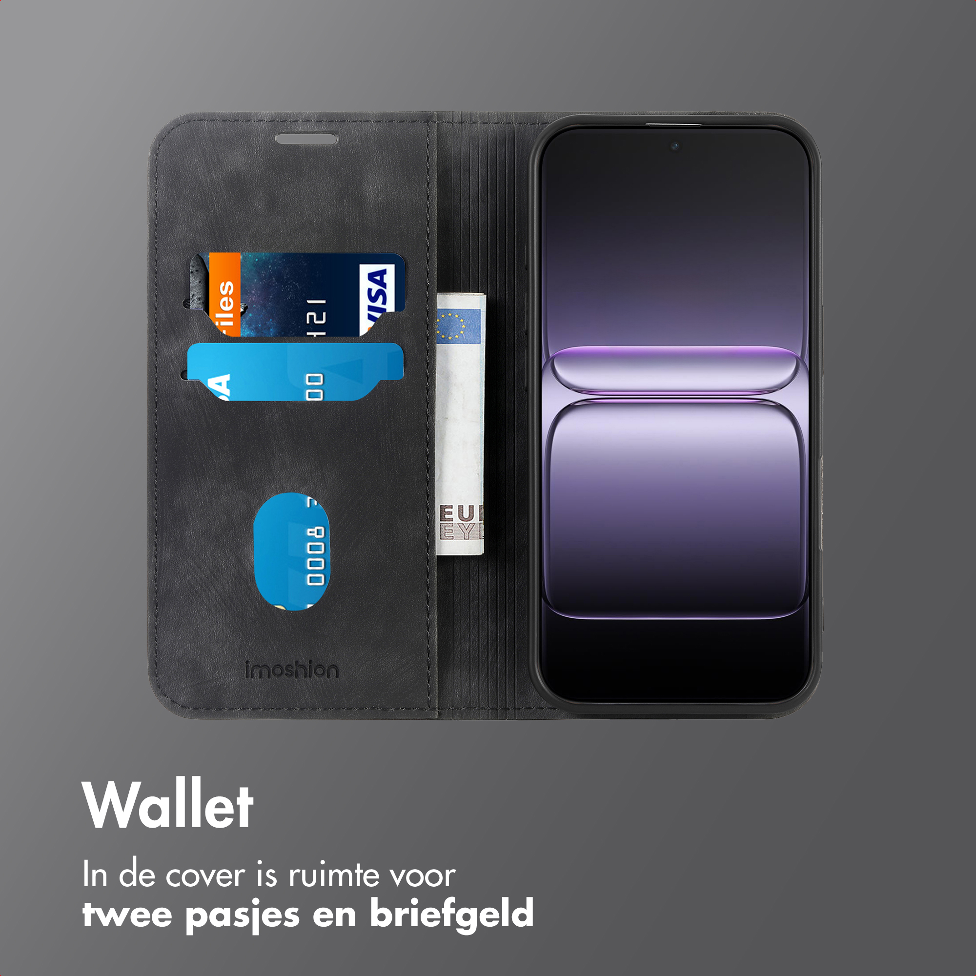 Un étui portefeuille pour téléphone montrant un téléphone, des cartes de crédit et de l'argent. Il est gris, avec la marque Imoshion.