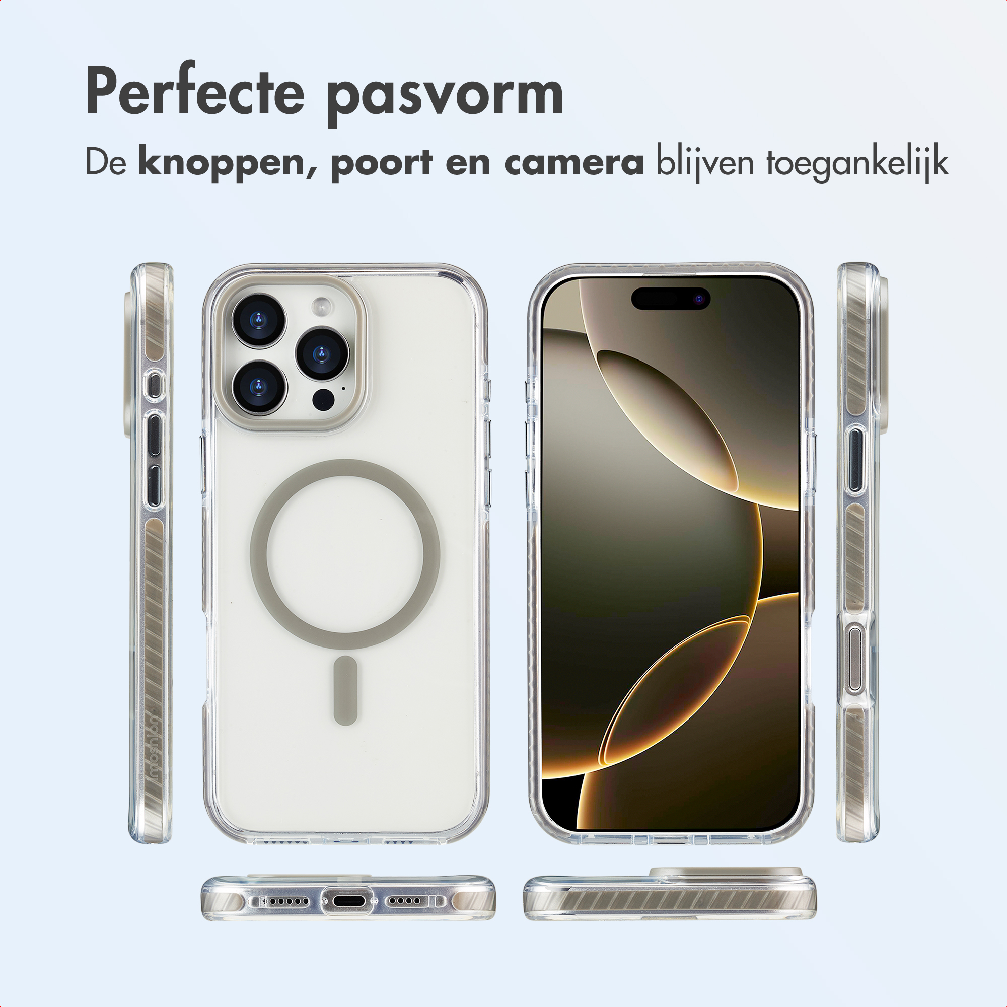 Transparante telefoonhoes. Knoppen, poorten en camera zijn toegankelijk. Telefoon heeft een transparante achterkant met een cirkelvormig design.