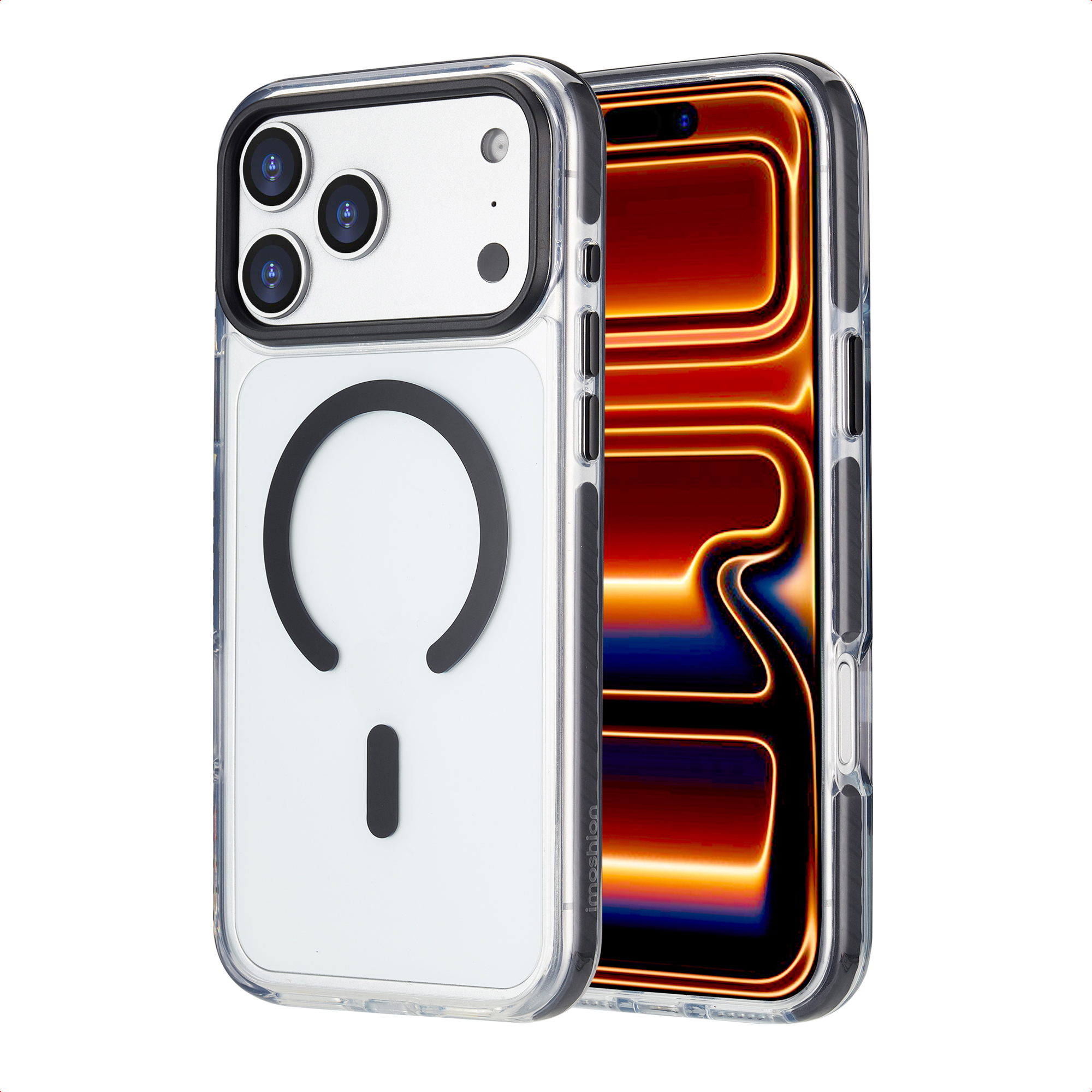 Un téléphone dans un étui transparent. Le téléphone a un anneau noir et une barre noire au dos.