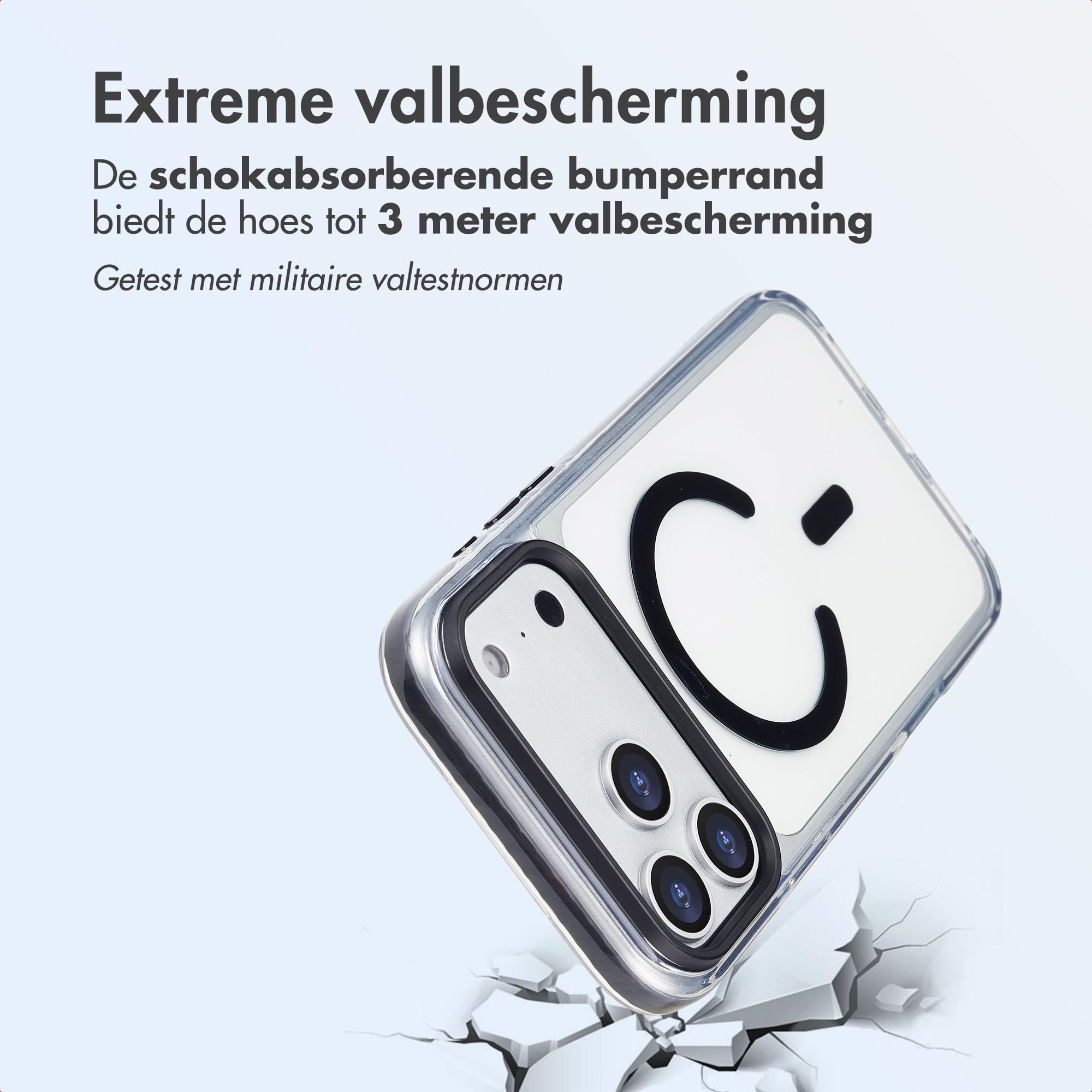 Une coque de téléphone avec un smiley tombe sur un sol brisé. Le texte ci-dessus indique 'Protection extrême contre les chutes'.