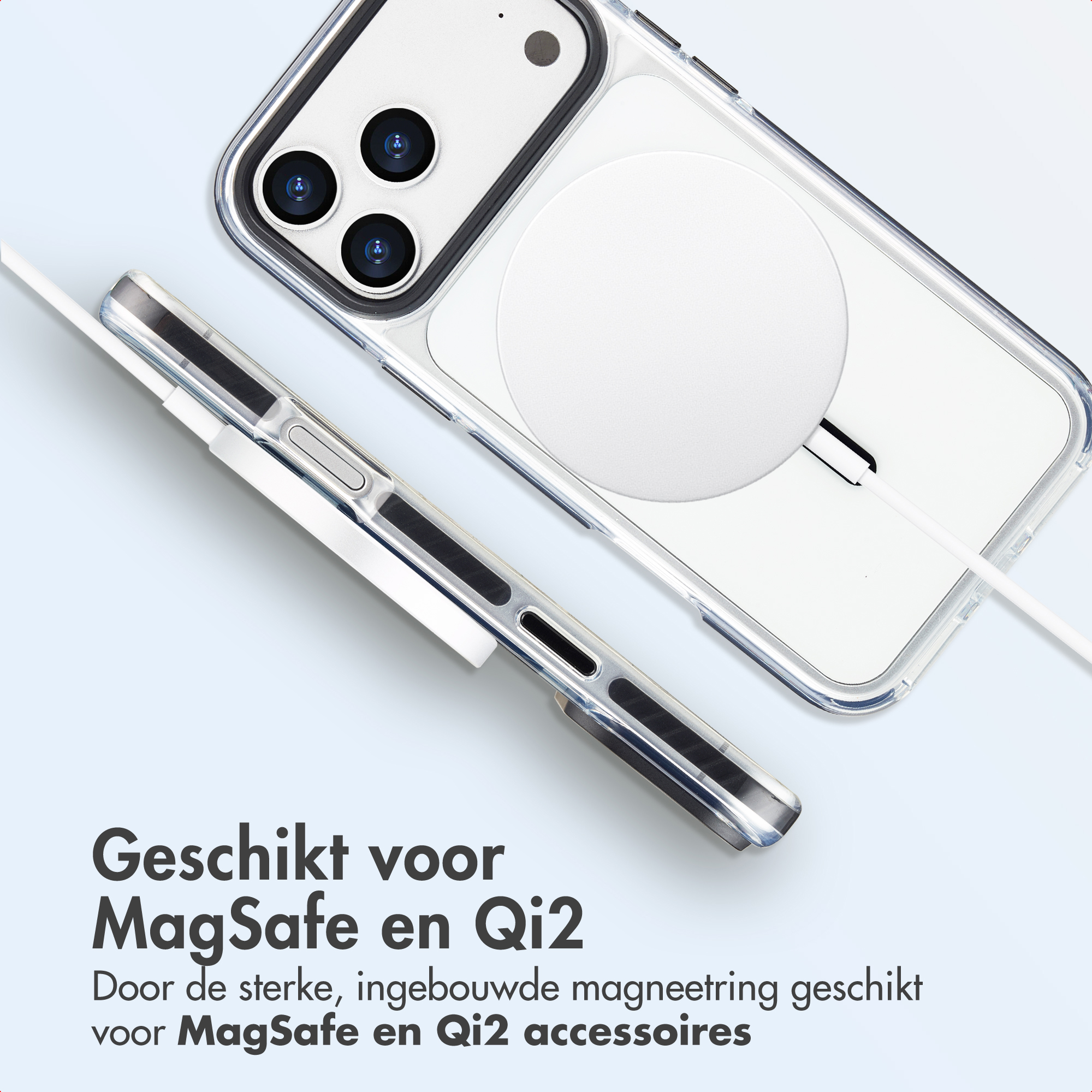 Coque de téléphone transparente avec chargeur MagSafe. Texte : 'Convient pour MagSafe et Qi2'.