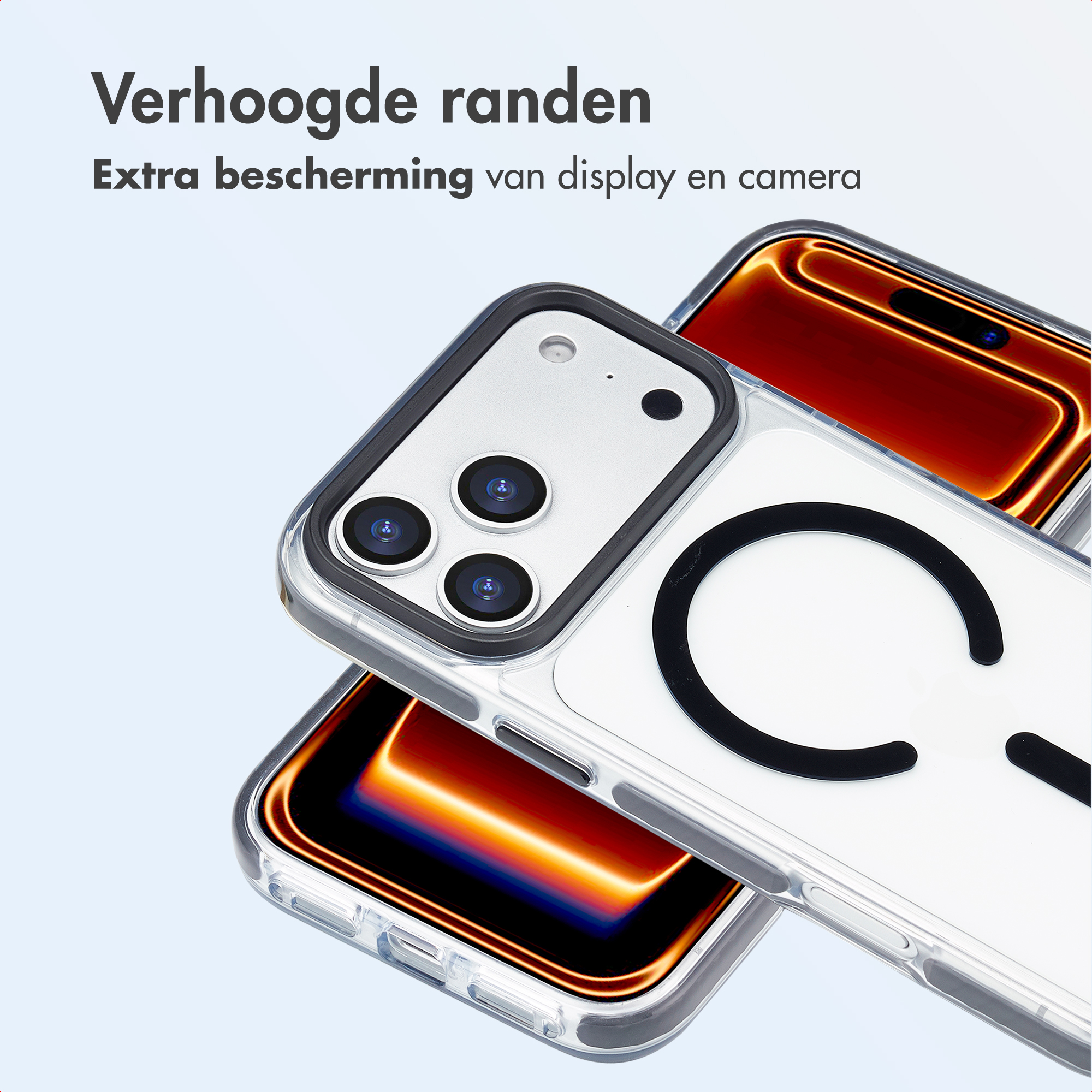 Une coque de téléphone transparente avec des bords surélevés. Protège l'écran et la caméra. Texte : Protection écran et caméra.