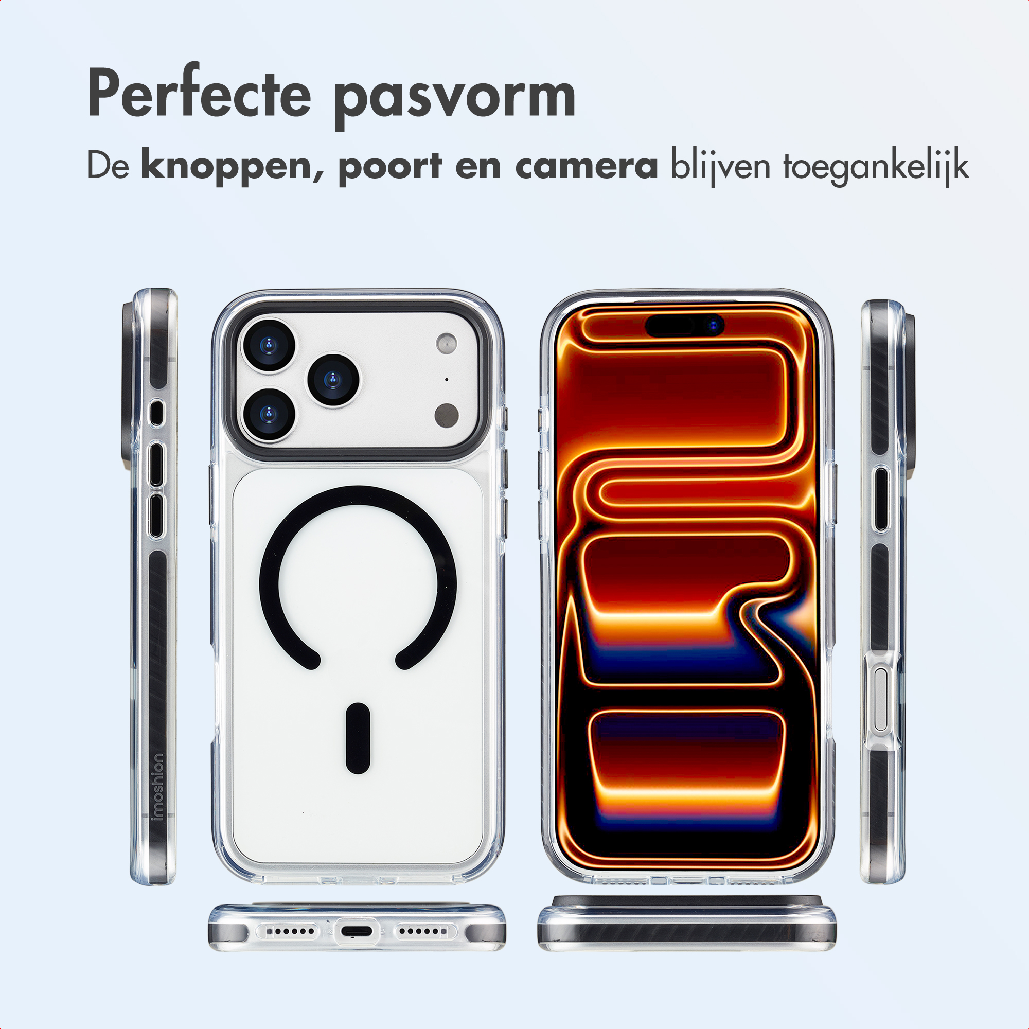 Coque transparente pour téléphone. Accès aux boutons, ports et caméra. L'écran du téléphone est rouge-orange dégradé.