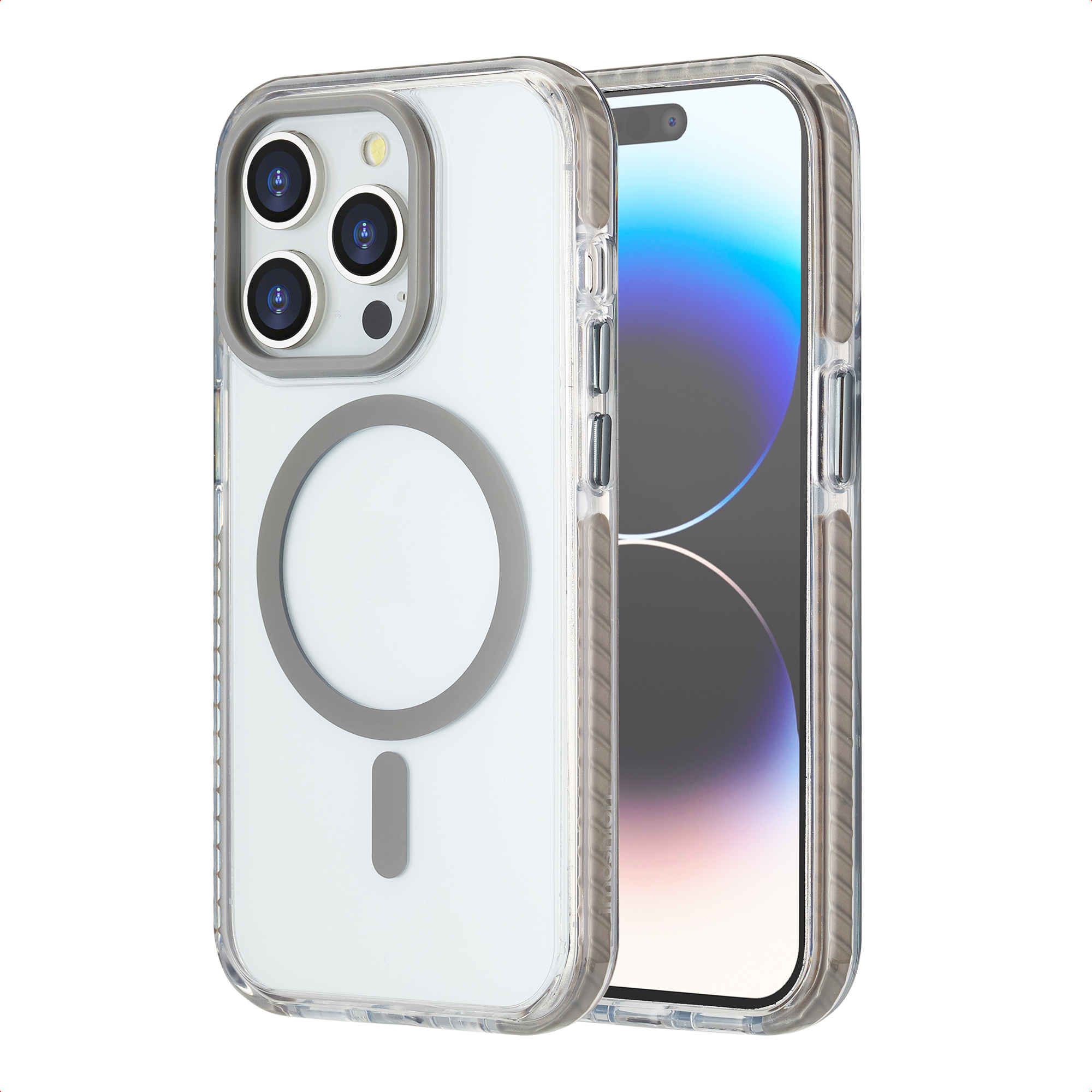 Custodia trasparente per iPhone, che mostra il retro del telefono con tre fotocamere. Lo schermo è visibile a destra.