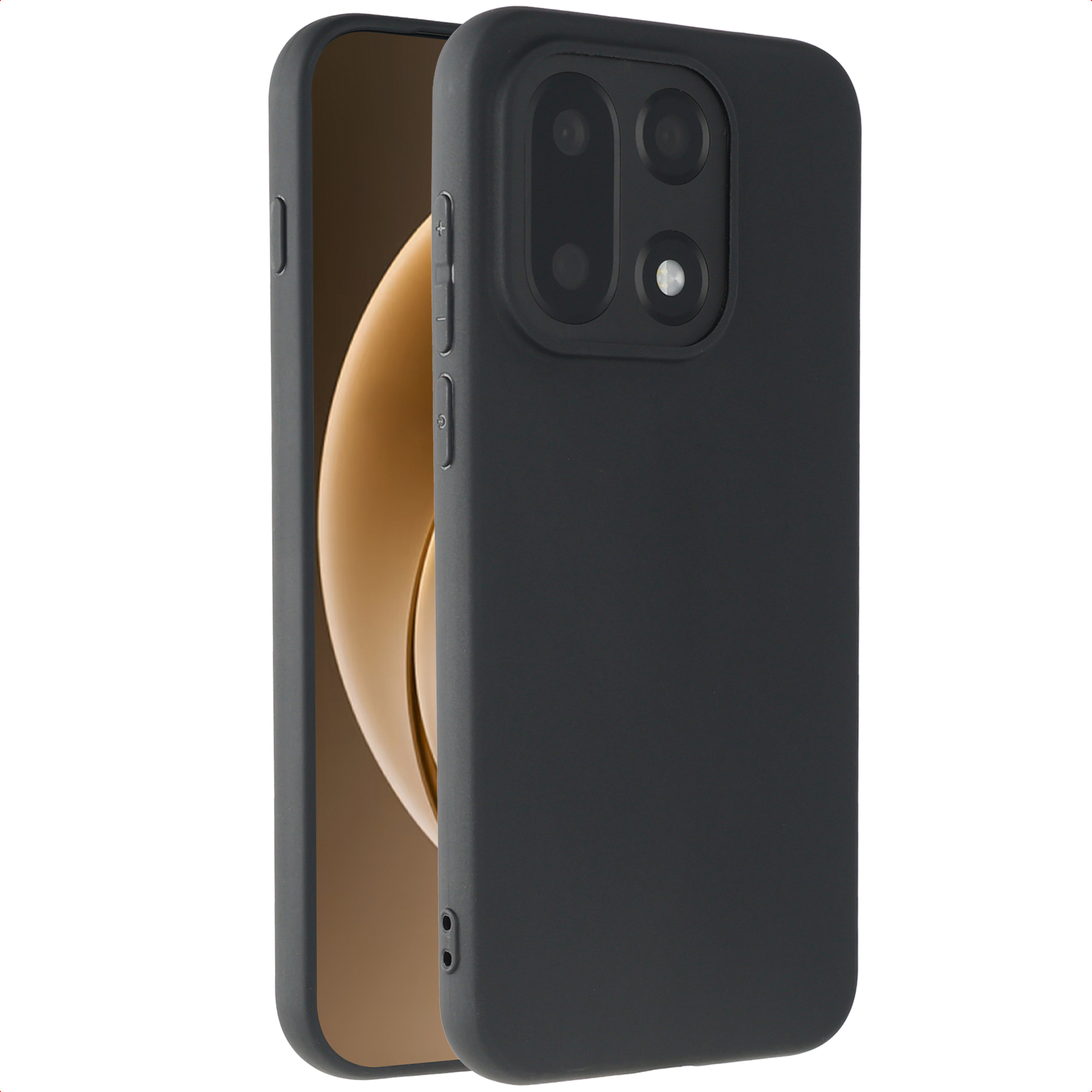 Coque de téléphone noire avec découpes caméra, en angle contre un téléphone avec dégradé marron et or.